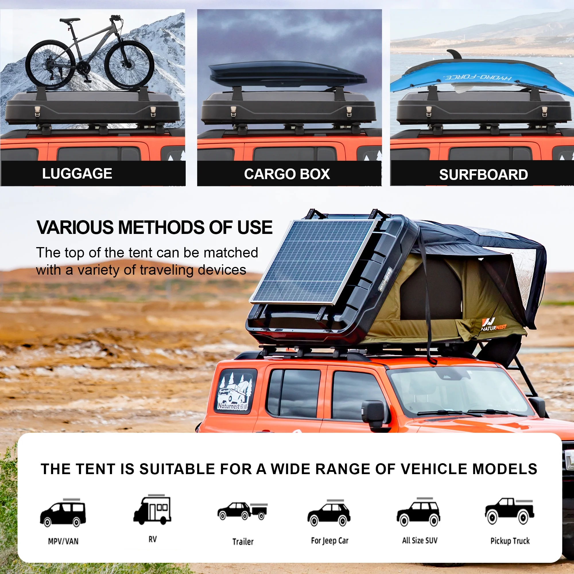 Rooftop Tent HardShell with Luggage Rack,Camping Tent for Van Suv Truck Car Vehicle Outdoor, 2-3 Person - Image 6