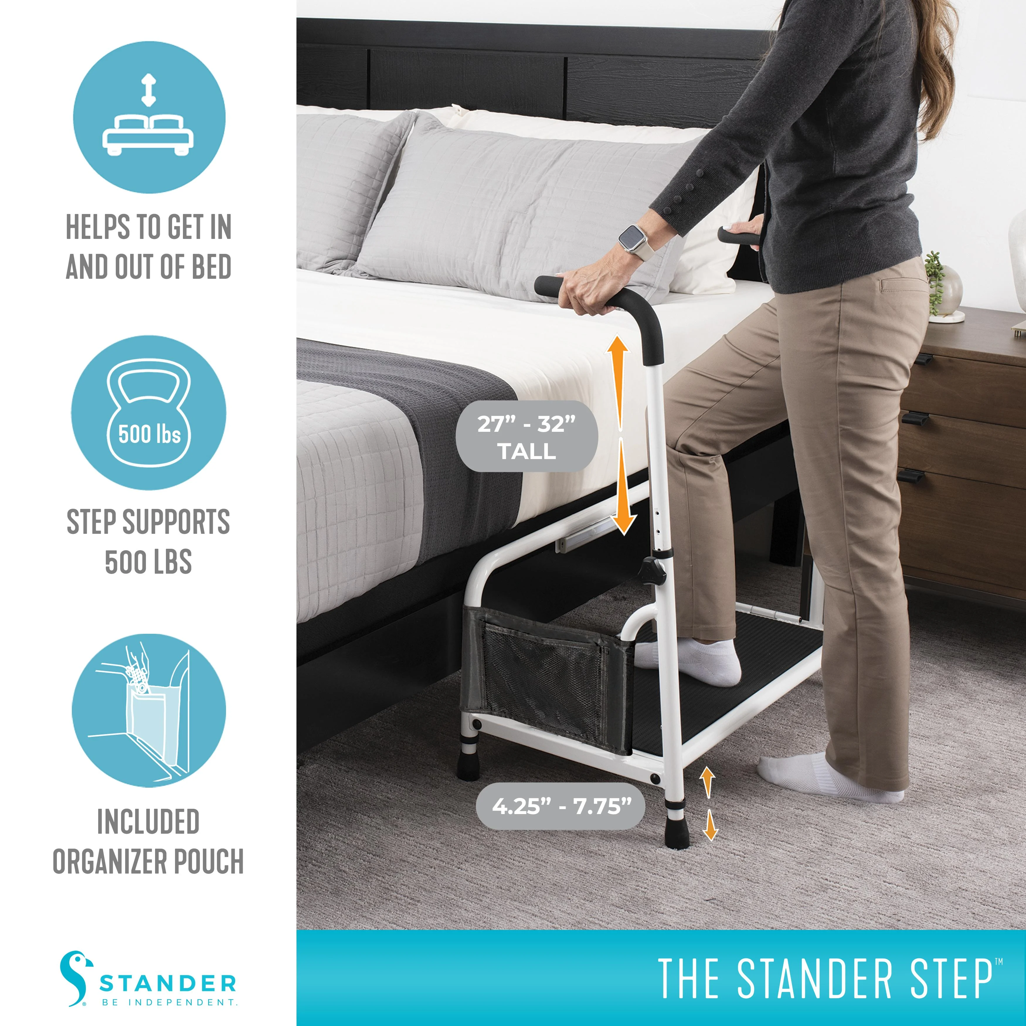 Step Stool, Bed Step with Adjustable Hand Rails for Seniors and Elderly Adults, Extra Wide Heavy Duty Step Ladder, Stepping Stool with Grab Bars and Motion Activated Light, White(White) - Image 5