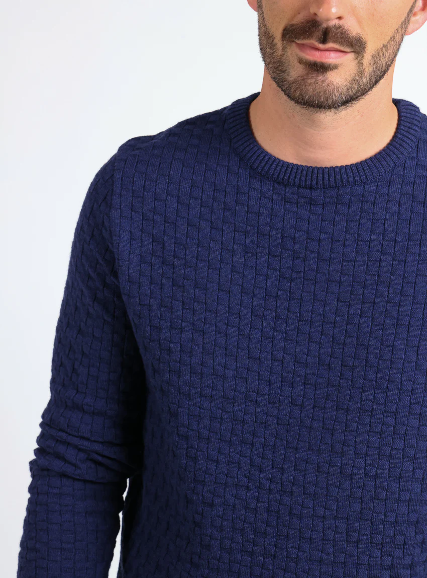 Pull homme damier en laine bleu amiral