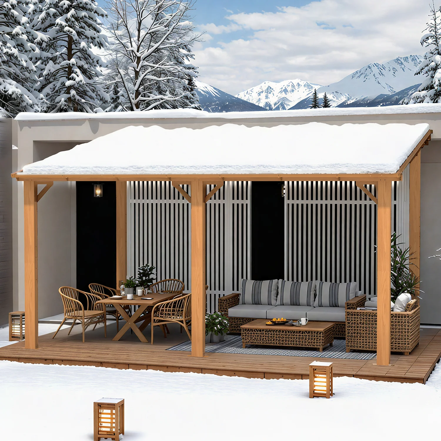 AECOJOY 14'x10' Wall Mounted Gazebos Pergola, Wood Grain