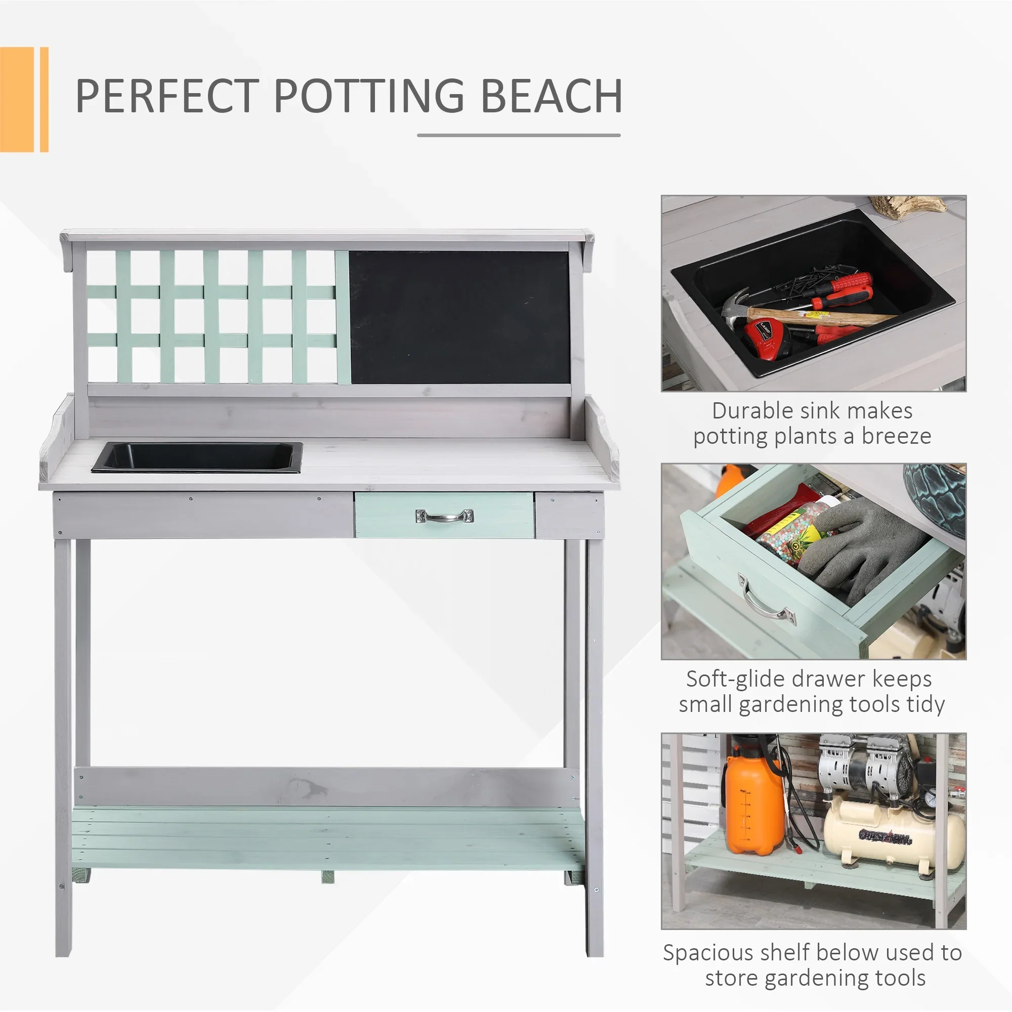 Outdoor Wooden Potting Bench Table with Removable Sink, Garden Work Station with Chalkboard, Drawer, Open Shelf Storage, Light Gray