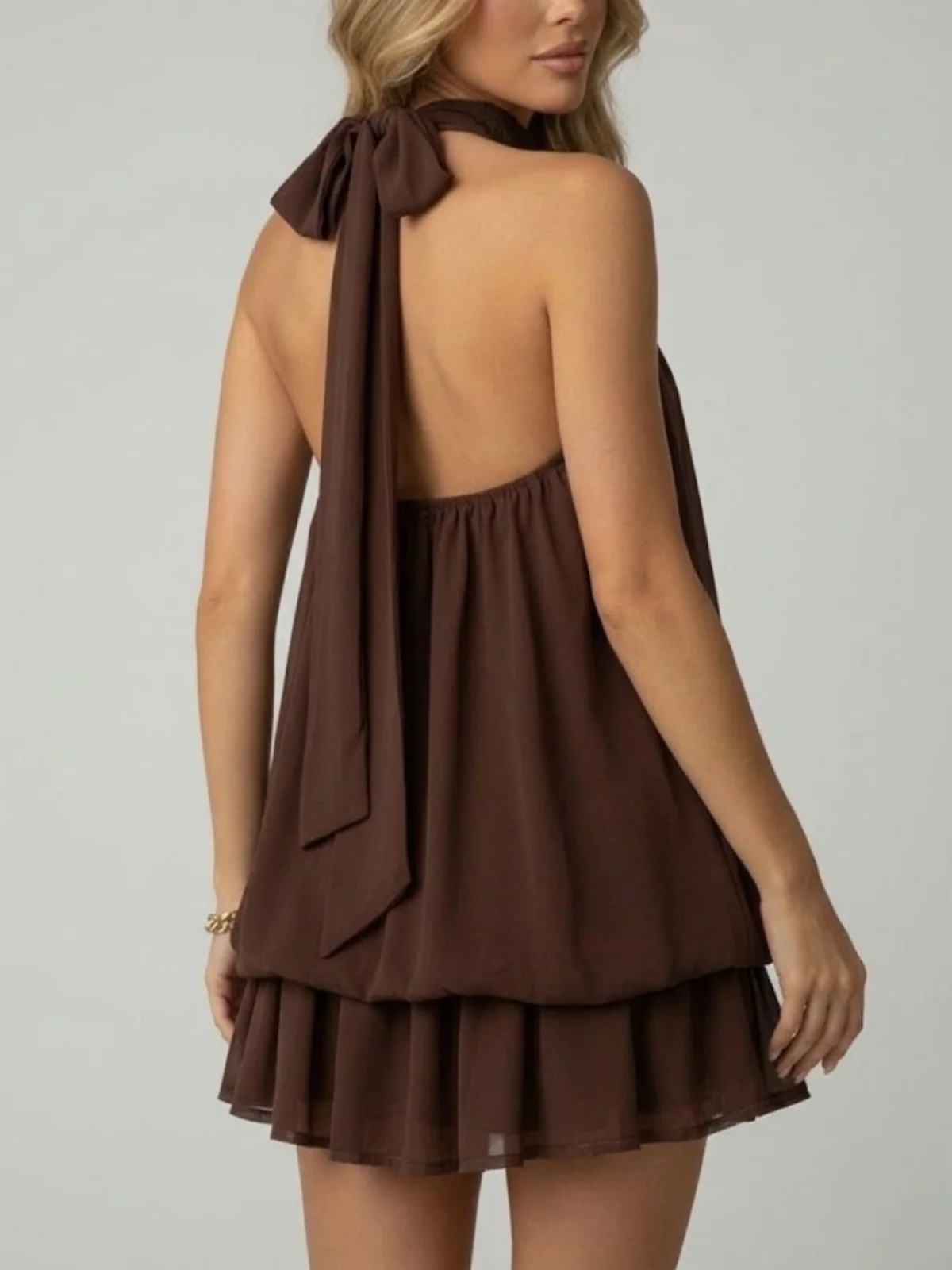Robe mini sans manches à col licou pour femme avec ourlet à double volant