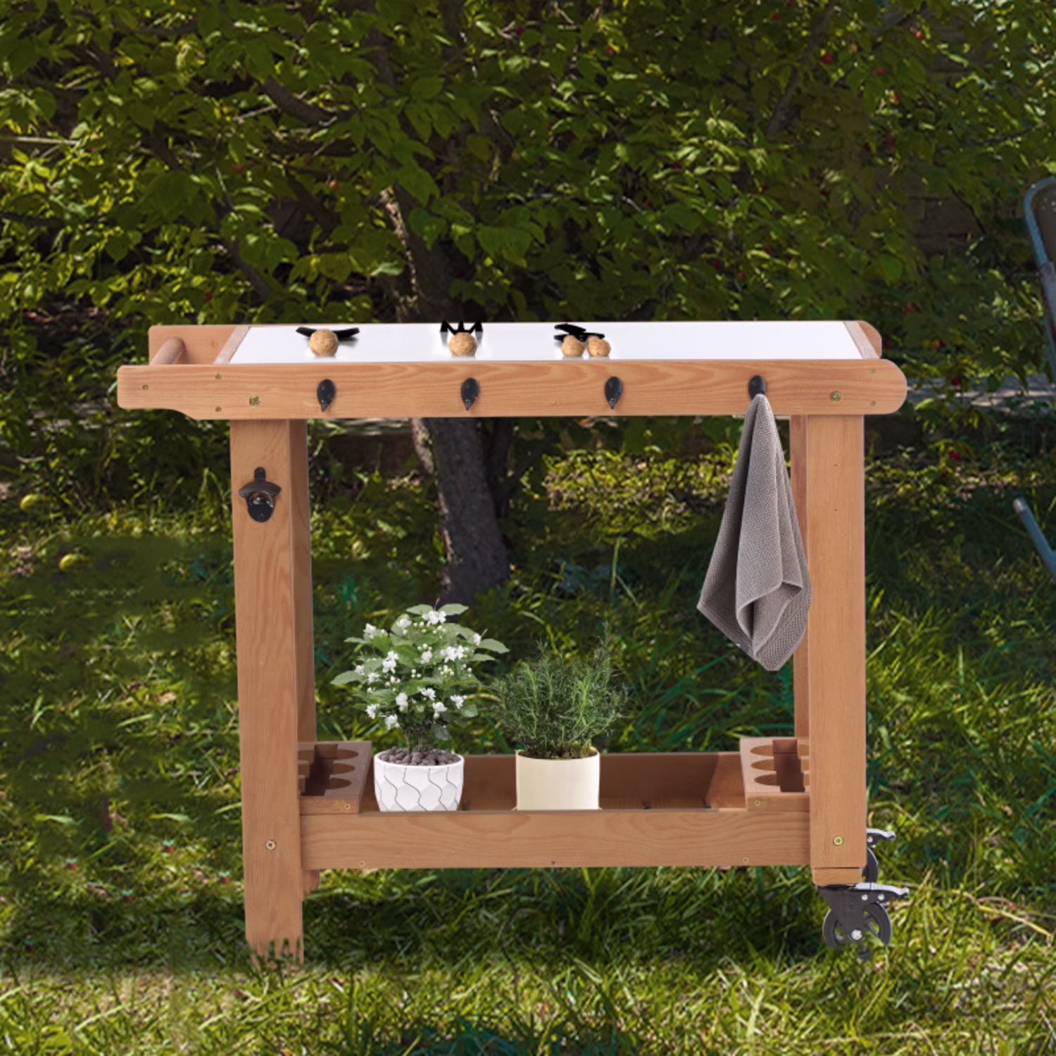 Outdoor Wooden Cart Table With Wheels Metal Top And Storage Hook For Patio Backyard Garden  Offering Both Charm And Heat Resistance