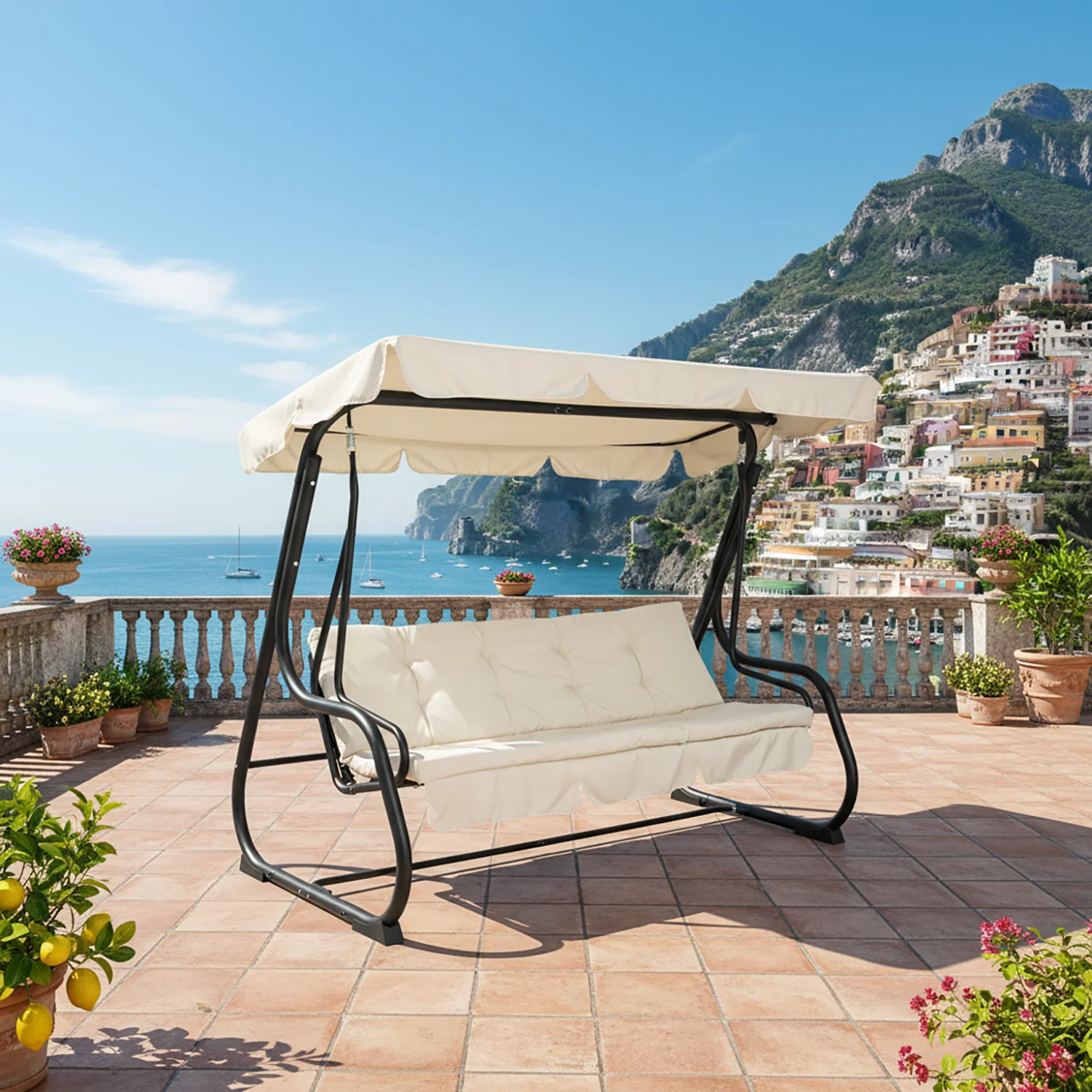 VESTIAMO CASA GIARDINO - Dondolo Reclinabile 3 Posti Ècru con Struttura in Acciaio Antracite - h165x232x125 cm