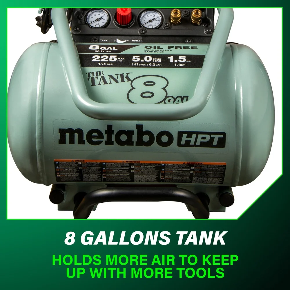 Air Compressor, THE TANK, 8-Gallon Trolley Air Compressor, 225 PSI, Versatile for Use with Framing, Siding, Finish, or Roofing Nailers, Easy Mobility with Rubber Tires, EC1315S - Image 8
