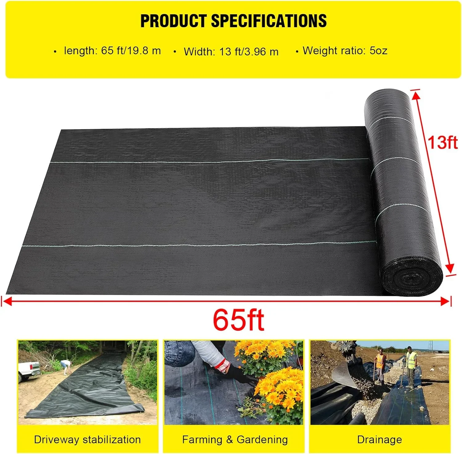 13x65ft Driveway Fabric,5OZ Commercial Heavy Duty Weed Barrier Fabric, Garden Landscape Fabric,French Drain Fabric for Erosion Control,Landscape Fabric,Weed Barrier,Construction Projects