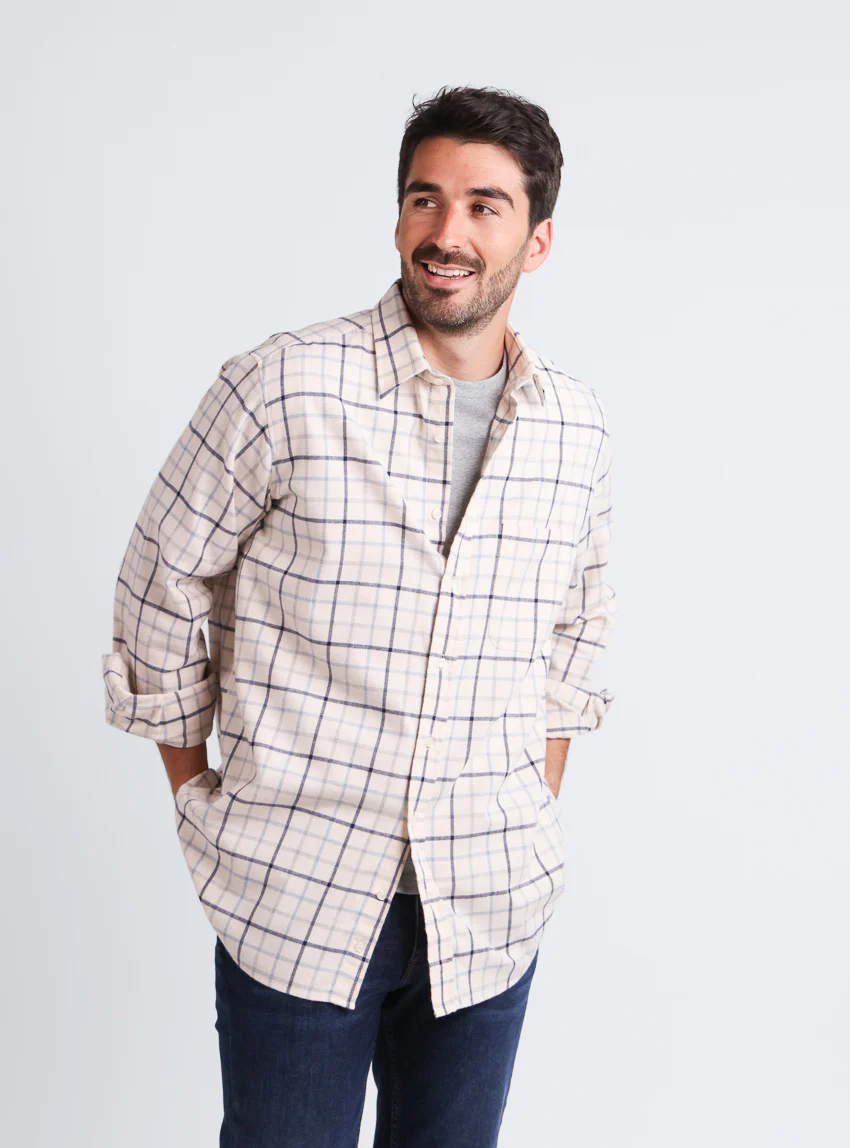 Chemise homme à motifs coton et laine carreaux bleu nuit