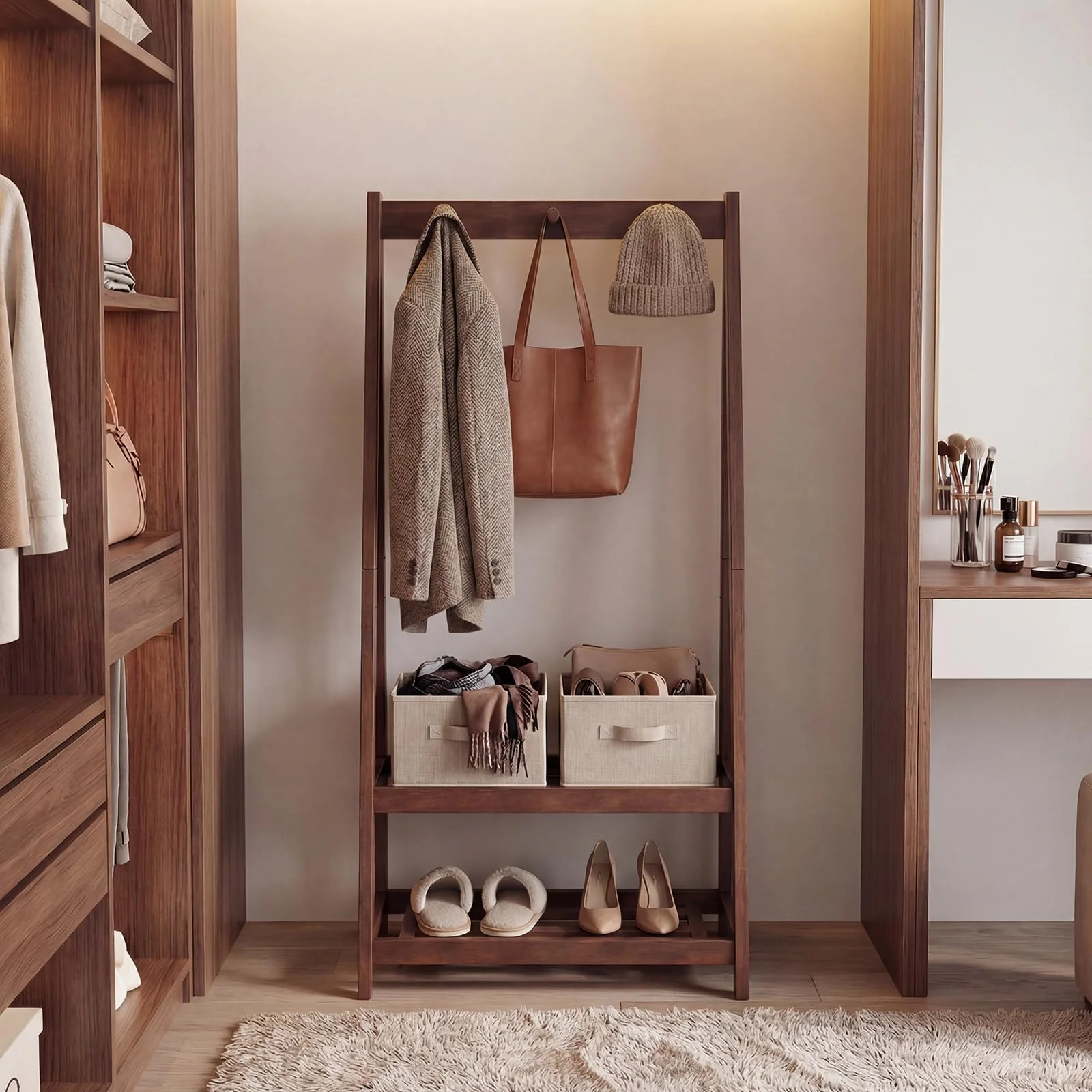 Tangkula Freestanding Rubber Wood Garment Rack with 3 Hooks and 2 Shelves