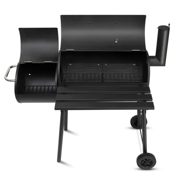 Barrel Charcoal Grill with Offset Smoker, Heavy - Duty Metal, Large Cooking Area, Mobile with Wheels for Backyard/Patio Gatherings