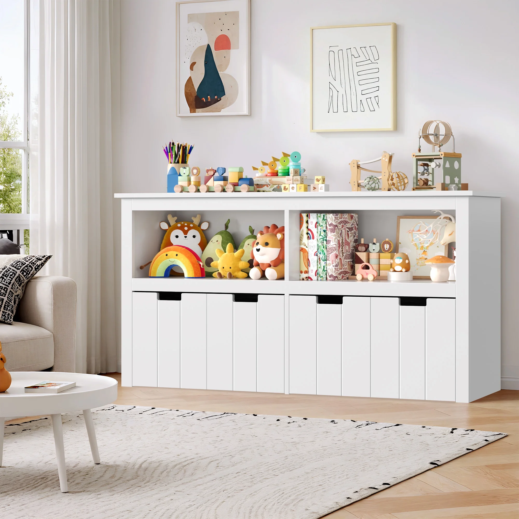 Kids Toy Storage with 4 Drawers, Cubes Storage Bin with Shelves and Wheels for Kids Living Room, White(White) - Image 5