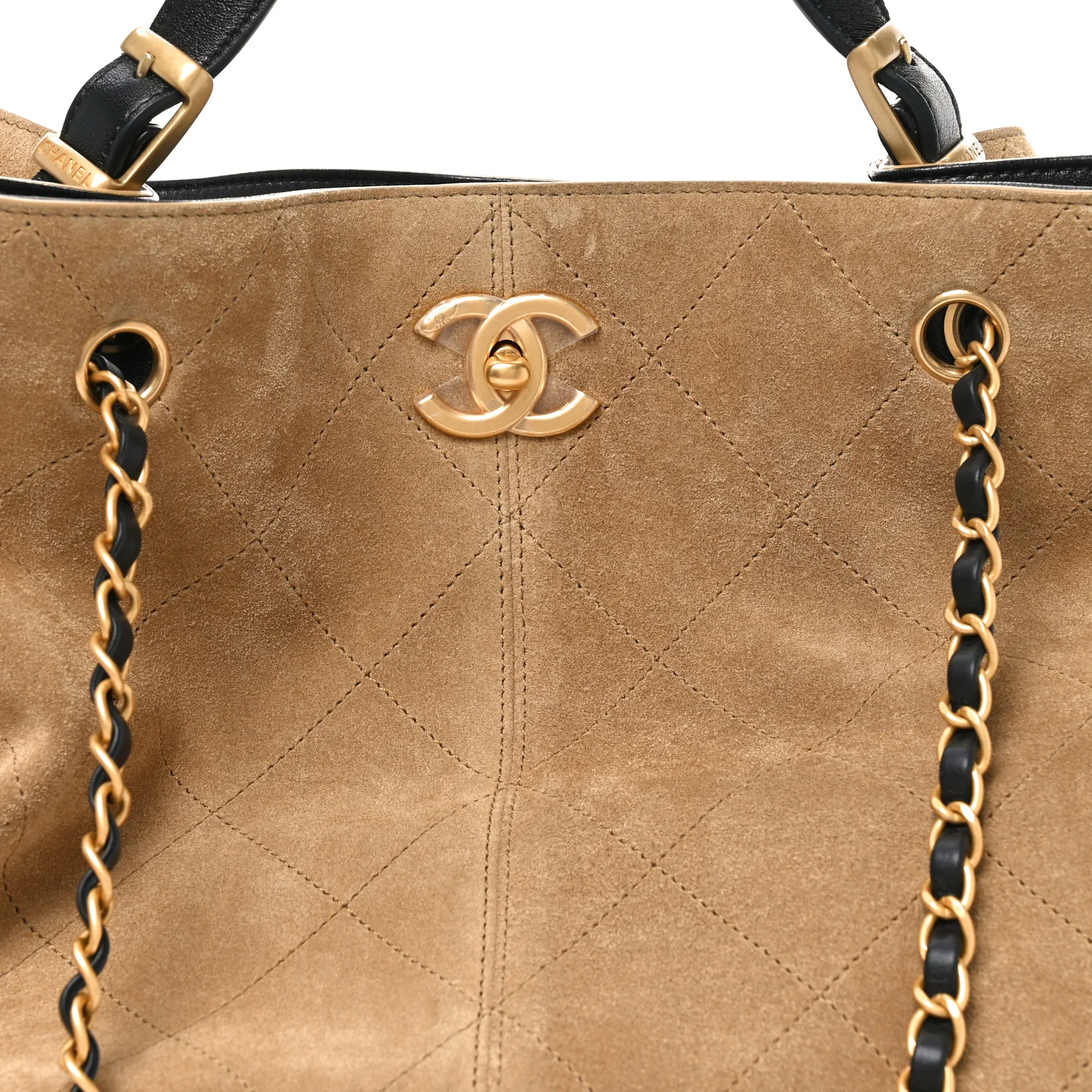 Suede Shiny Lambskin Quilted Large Shopping Bag Beige Black