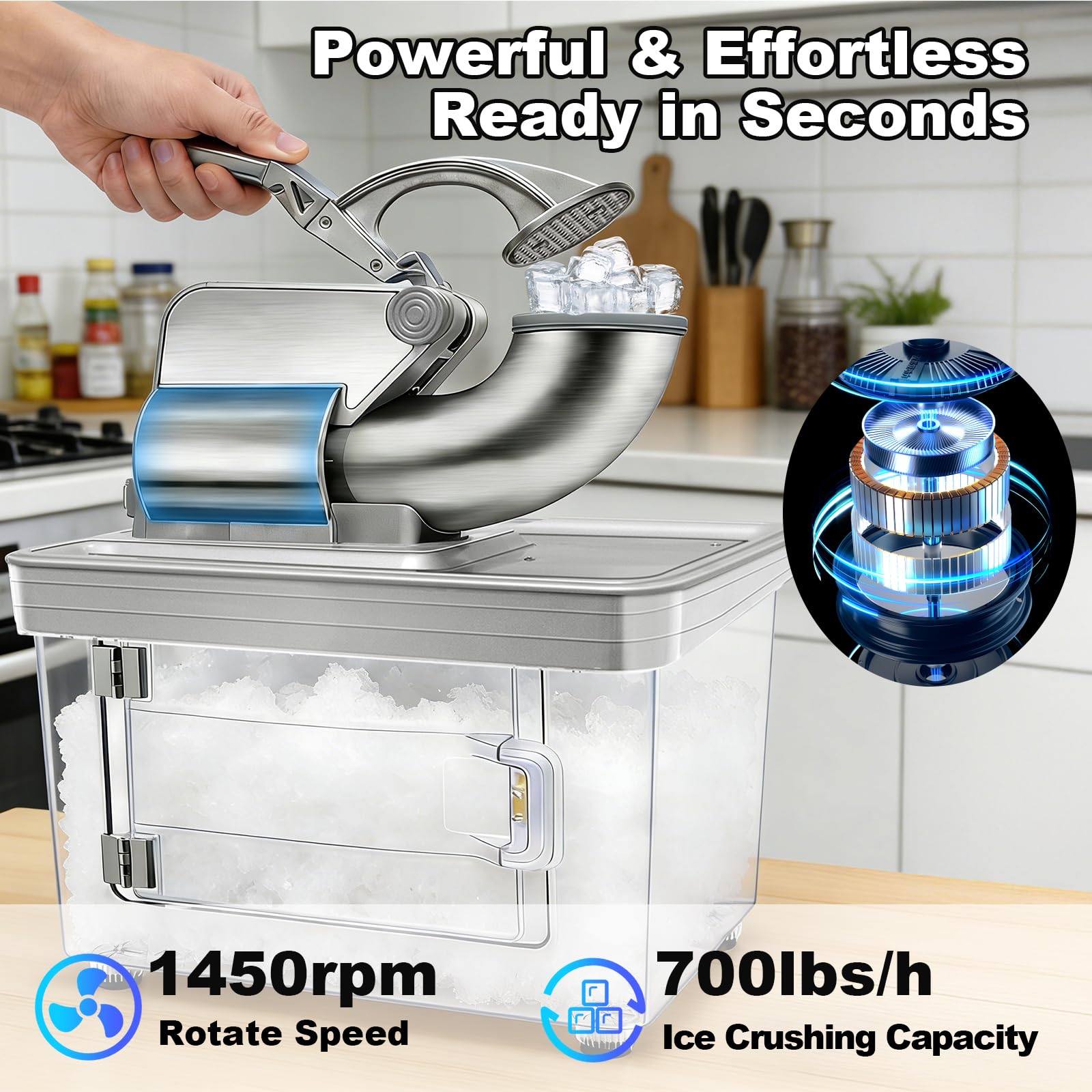 700lbs/h Snow Cone Machine Commercial Ice Shaver Dual Blade Stainless Steel | Snow cone maker,Ice shaver machine,Dual blade system,1450 RPM high-speed,40L side-access bin,Restaurant/Bar/Cafe/Bubble tea