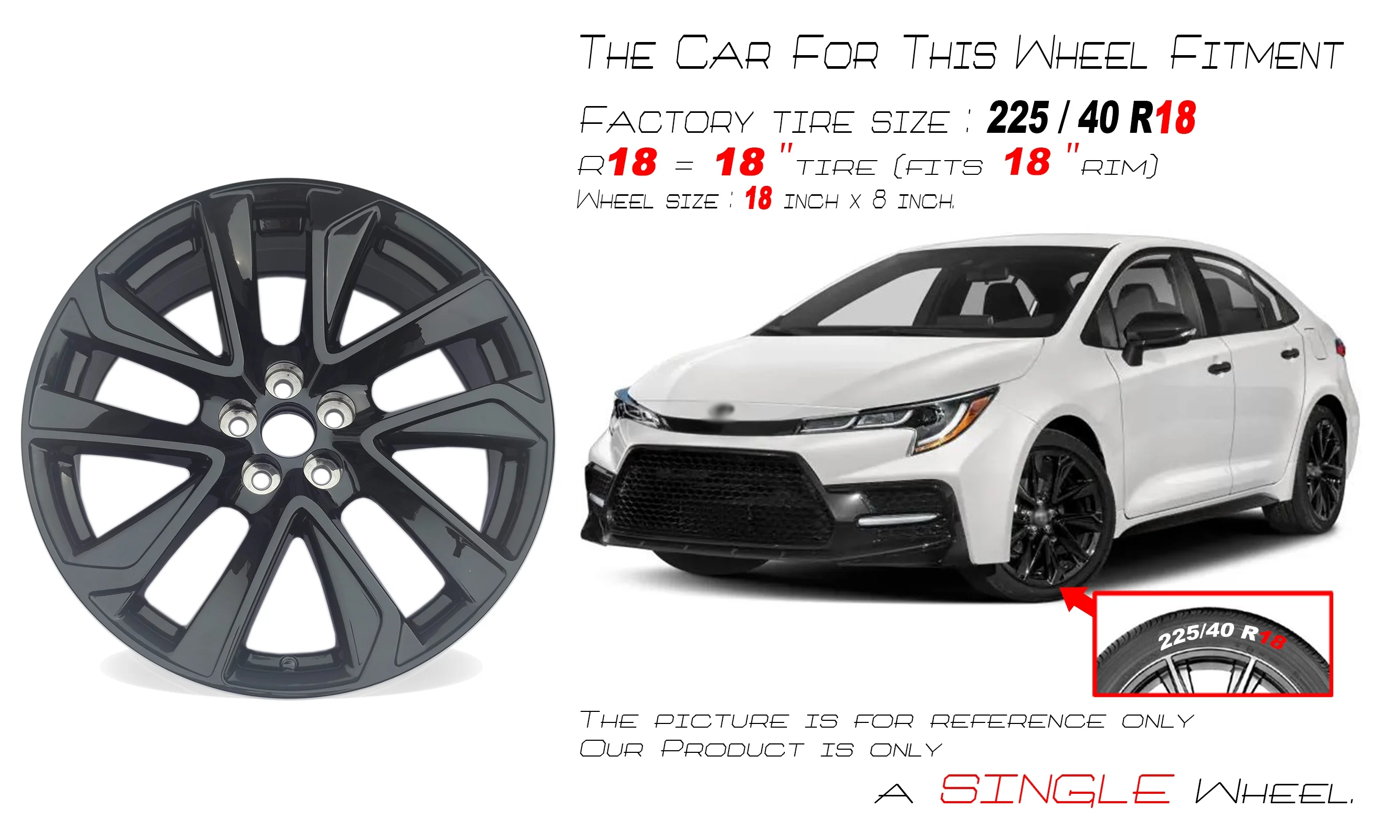 18" Single 18x8 Gloss Black Alloy Wheel for Toyota Corolla 2019 - 2022 OEM Design Replacement Rim