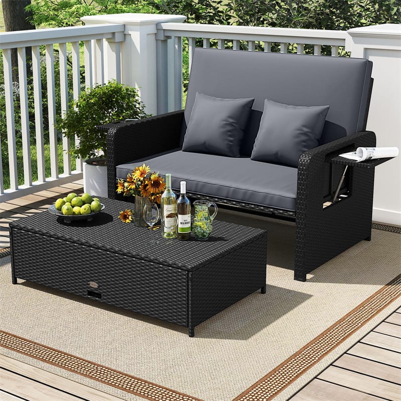 Patio Rattan Daybed Outdoor Wicker Loveseat Sofa with 4-Level Adjustable Backrest, Storage Ottoman, Retractable Tray & Cushions for Backyard