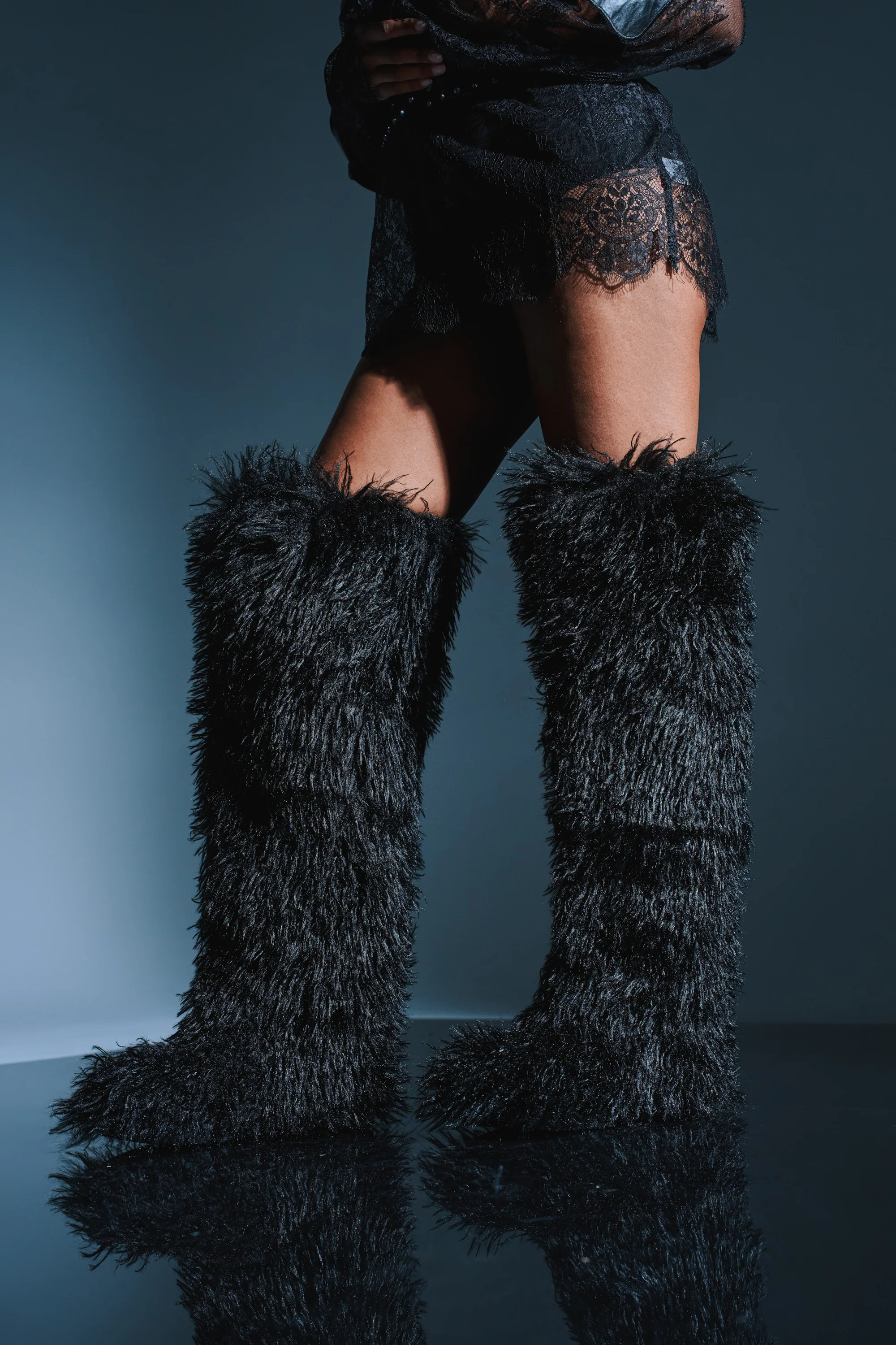 AZALEA WANG TEMPLETON BLACK POODLE FAUX FUR OVER THE KNEE BOOT - Akira Store