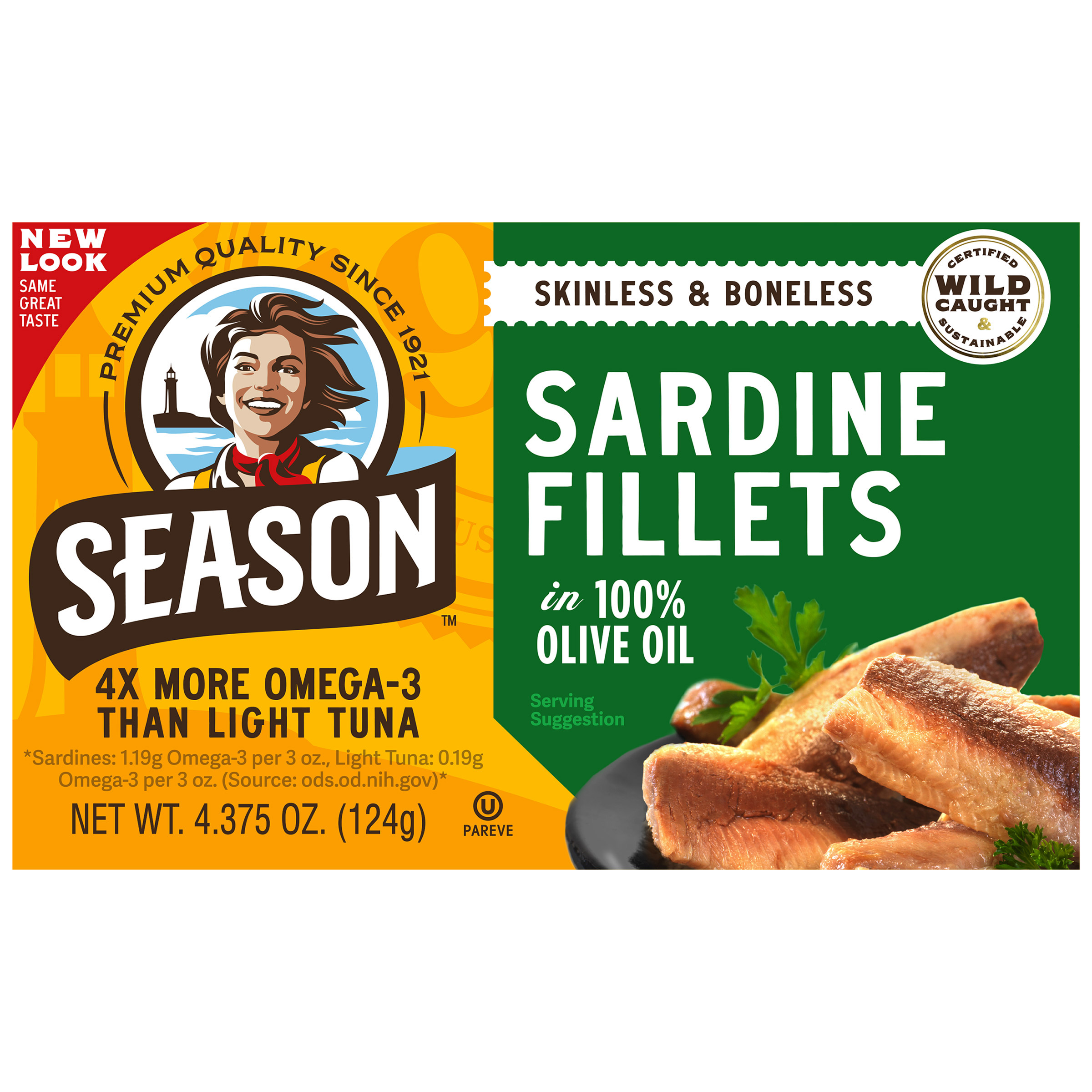 Season Sardine Fillets in 100% Olive Oil, Wild Caught, Skinless & Boneless, 4.375 oz, 6 - Count