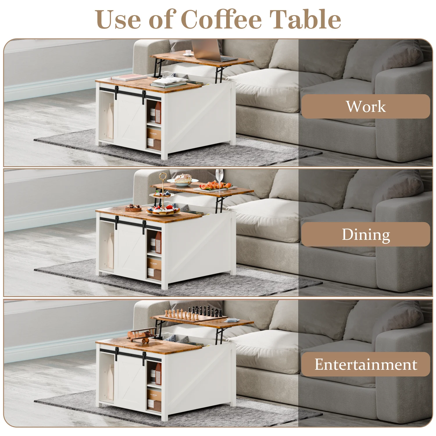 Wooden Coffee Table, Lift Top Coffee Table with Large Hidden Storage Shelf for Living Room(White) - Image 8