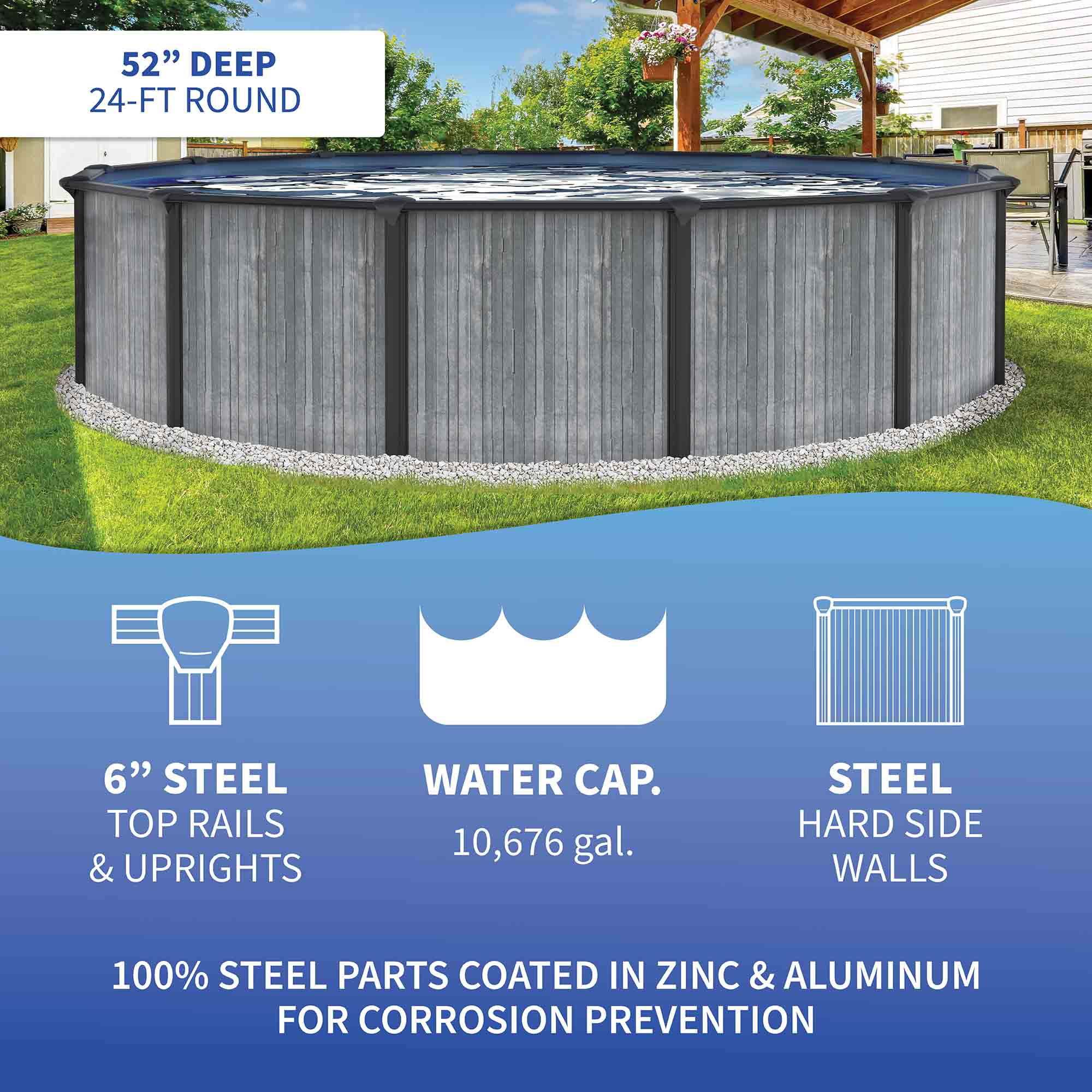 San Pedro 24-ft Round 52-in Deep 6-in Top Rail Above Ground Steel Wall Swimming Pool Package(24-ft) - Image 3