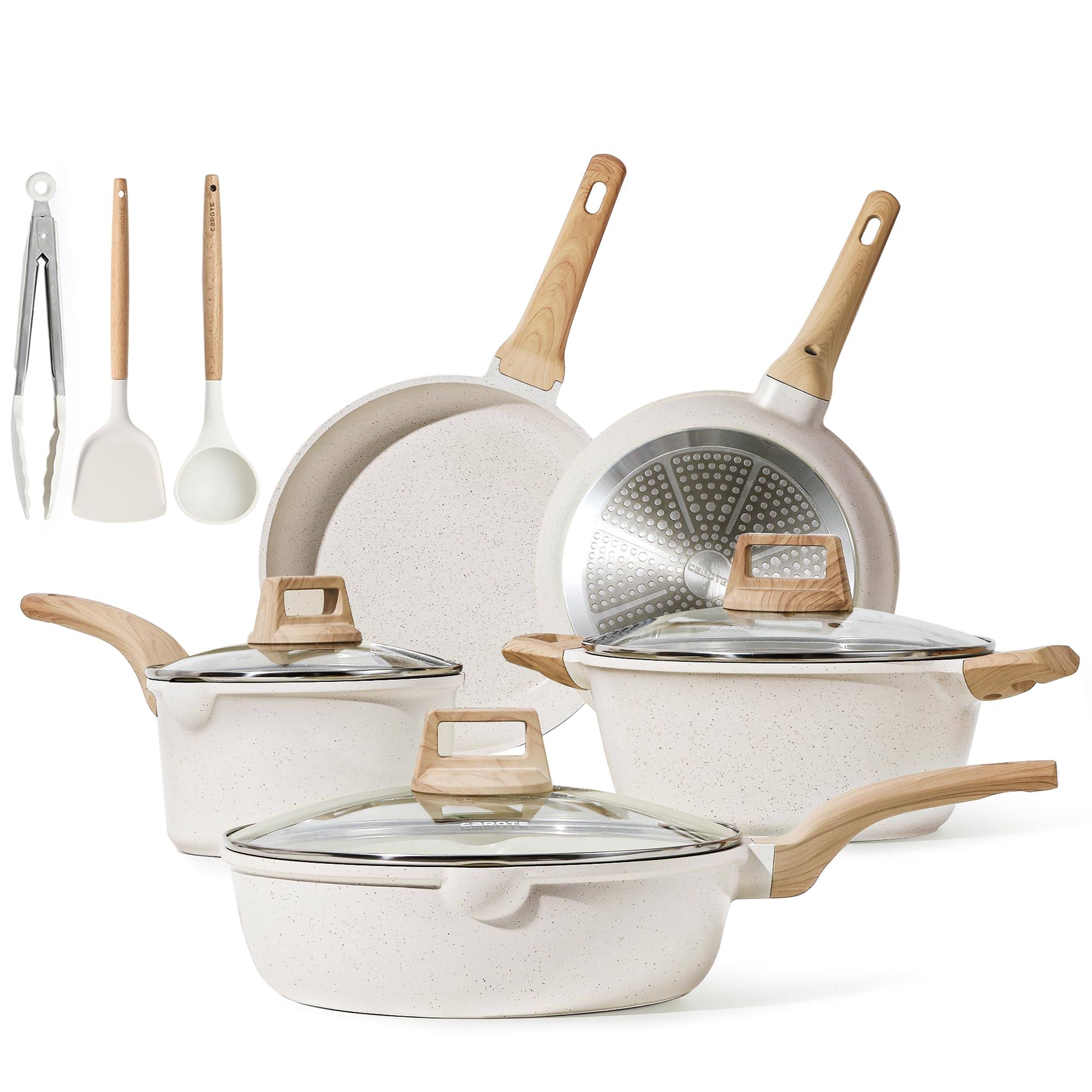 Carote Pots and Pans Set Nonstick, White Granite Induction Kitchen Cookware Sets, 11 Pcs Non Stick Cooking Set w/Frying Pans & Saucepans(PFOS, PFOA