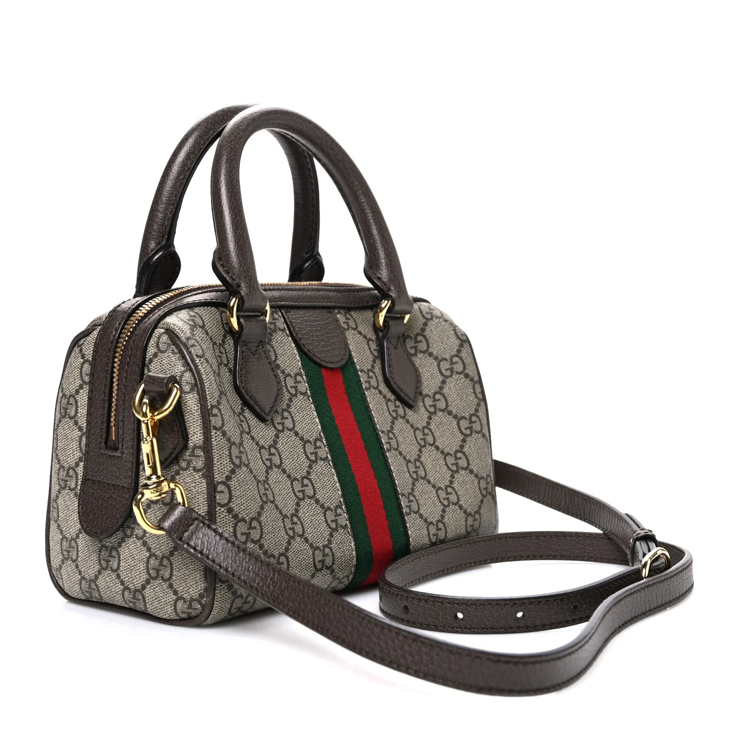 GG Supreme Monogram Textured Dollar Calfskin Web Mini Ophidia Top Handle Bag Beige Ebony New Acero