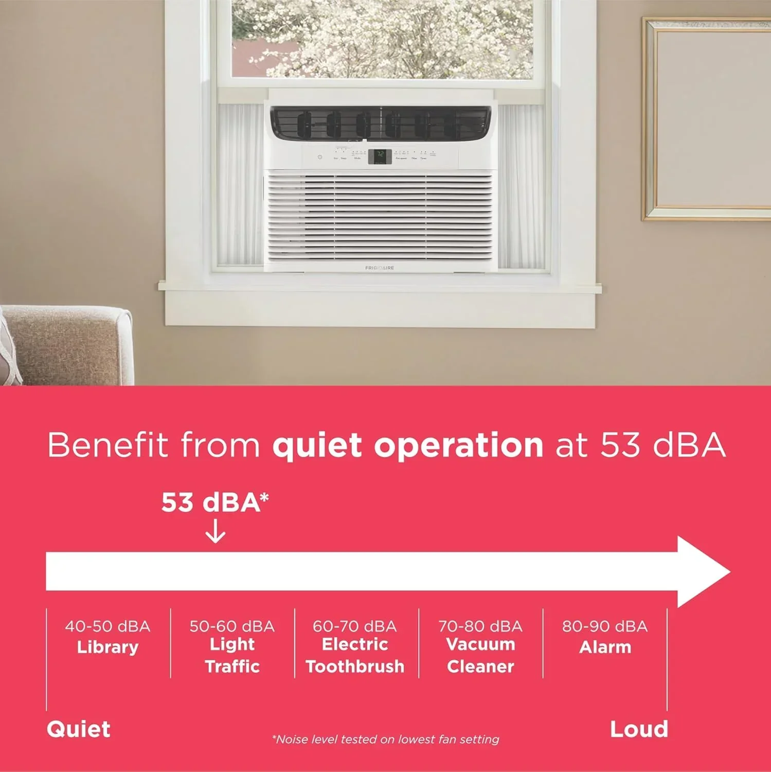 Climatiseur de fenêtre Frigidaire 5 000 BTU avec télécommande. Refroidit jusqu'à 150 pi². Fonctionnement silencieux.