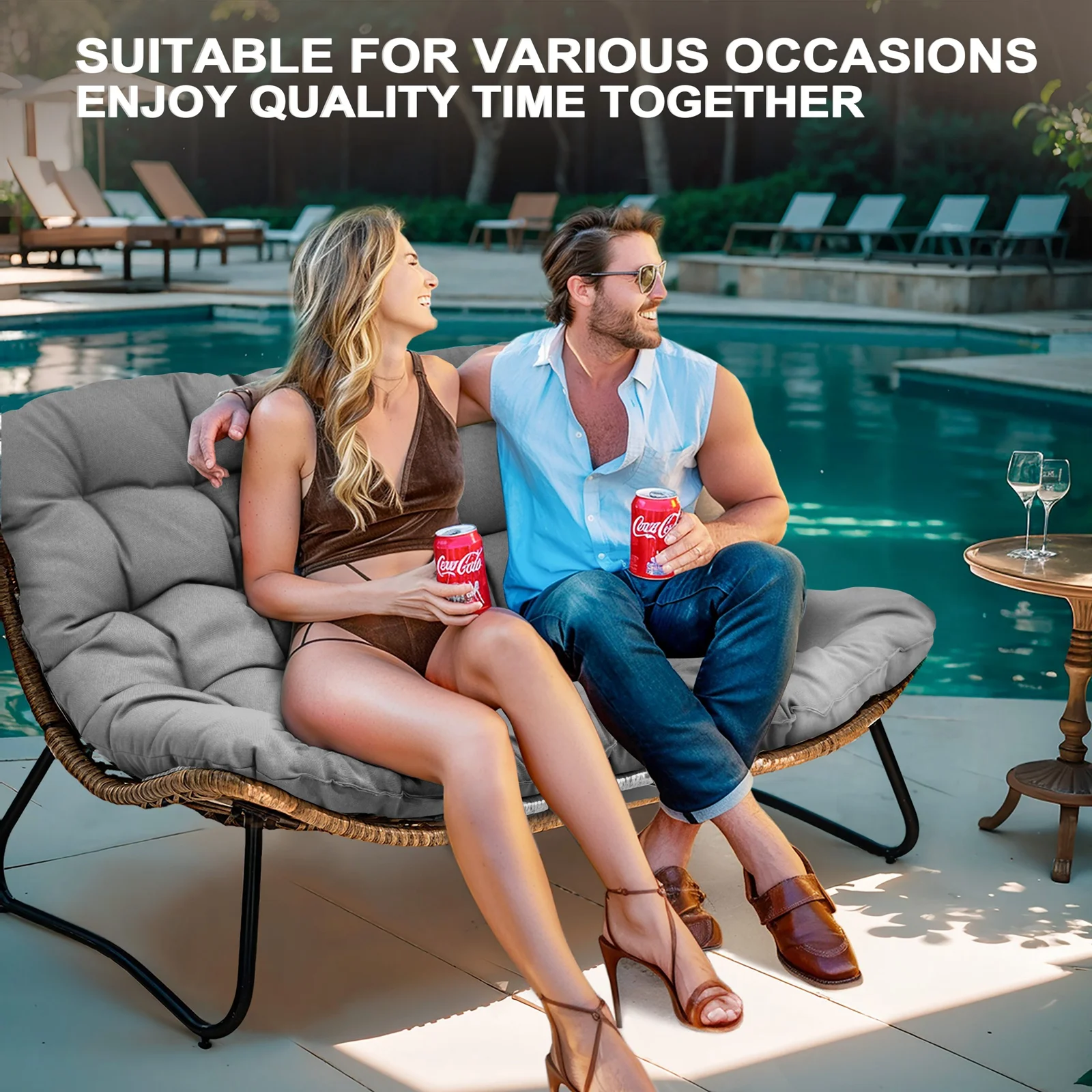 Products Patio Loveseat, All-Weather Rattan Large Furniture with Soft Cushions, Outdoor Loveseat for Balcony, Poolside, Backyard (Beige)(Beige) - Image 10