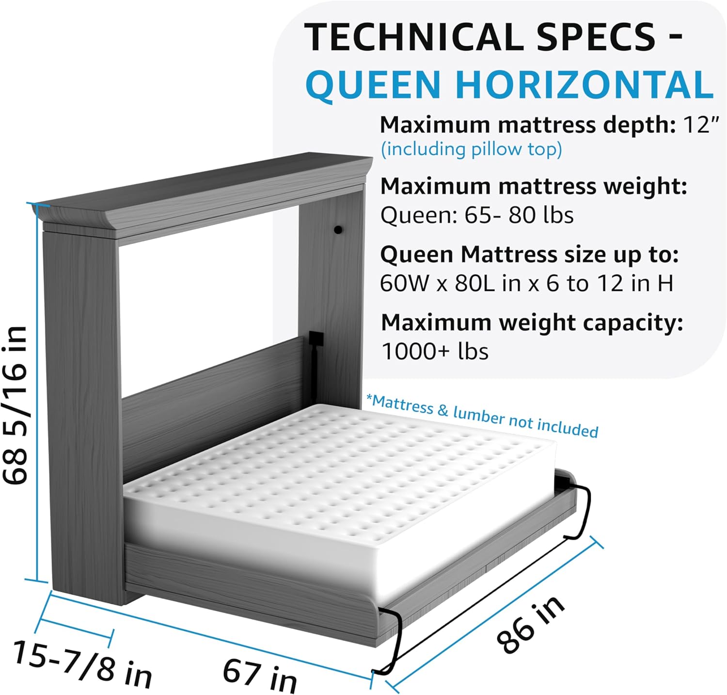 Create-A-Bed Adjustable Queen Size Deluxe Murphy Bed Kit, Horizontal