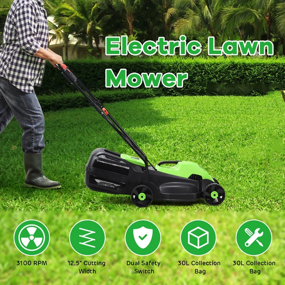 14 Inch Electric Push Lawn Mower with Grass Bag Corded Ergonomic Design Green(Green) - Image 5