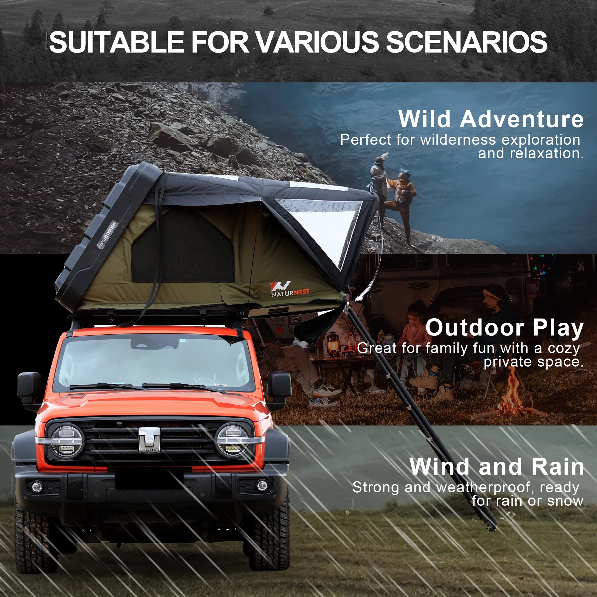 Rooftop Tent HardShell with Luggage Rack,Camping Tent for Van Suv Truck Car Vehicle Outdoor, 2-3 Person - Image 2