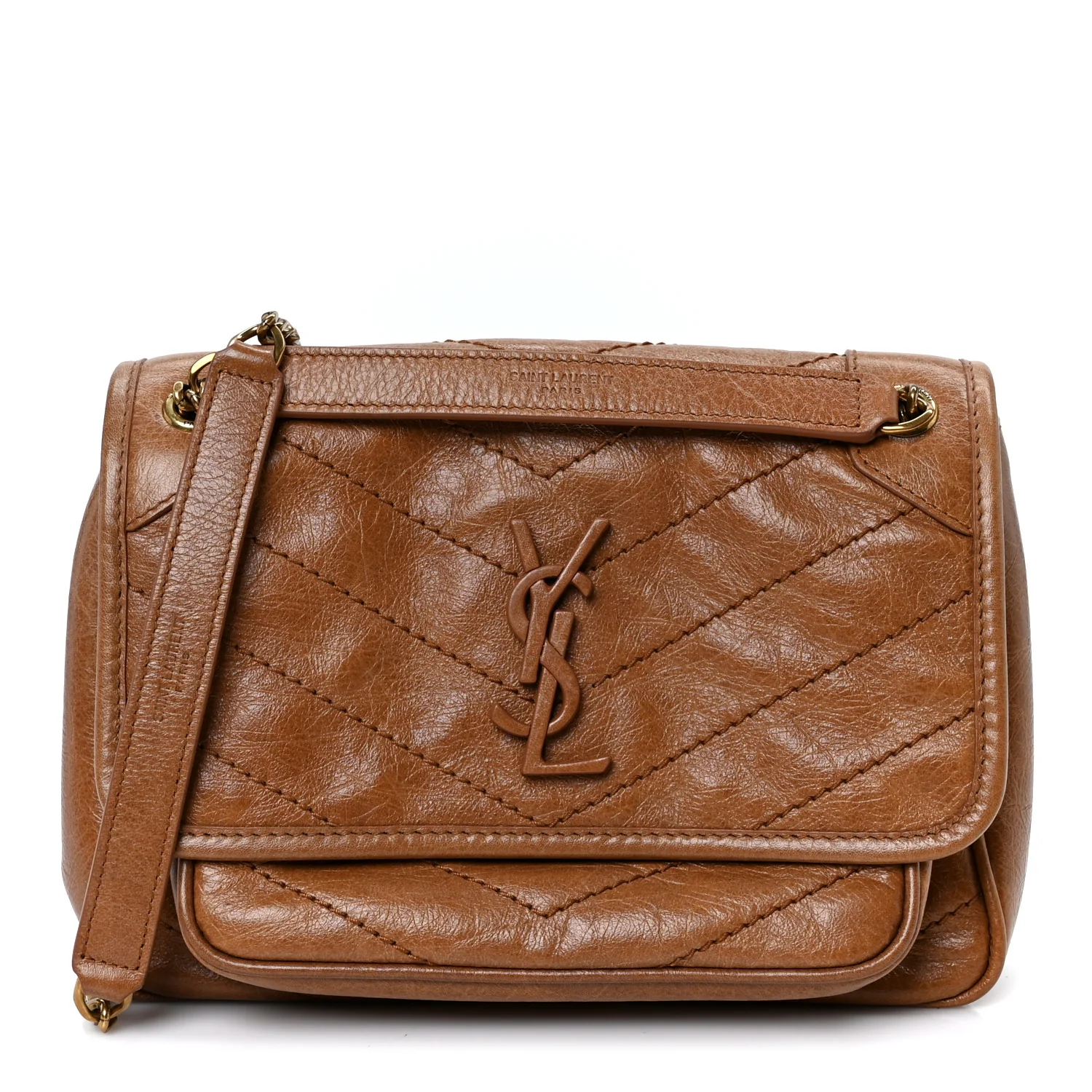 Crinkled Calfskin Matelasse Monogram Baby Niki Chain Satchel Light Caramel