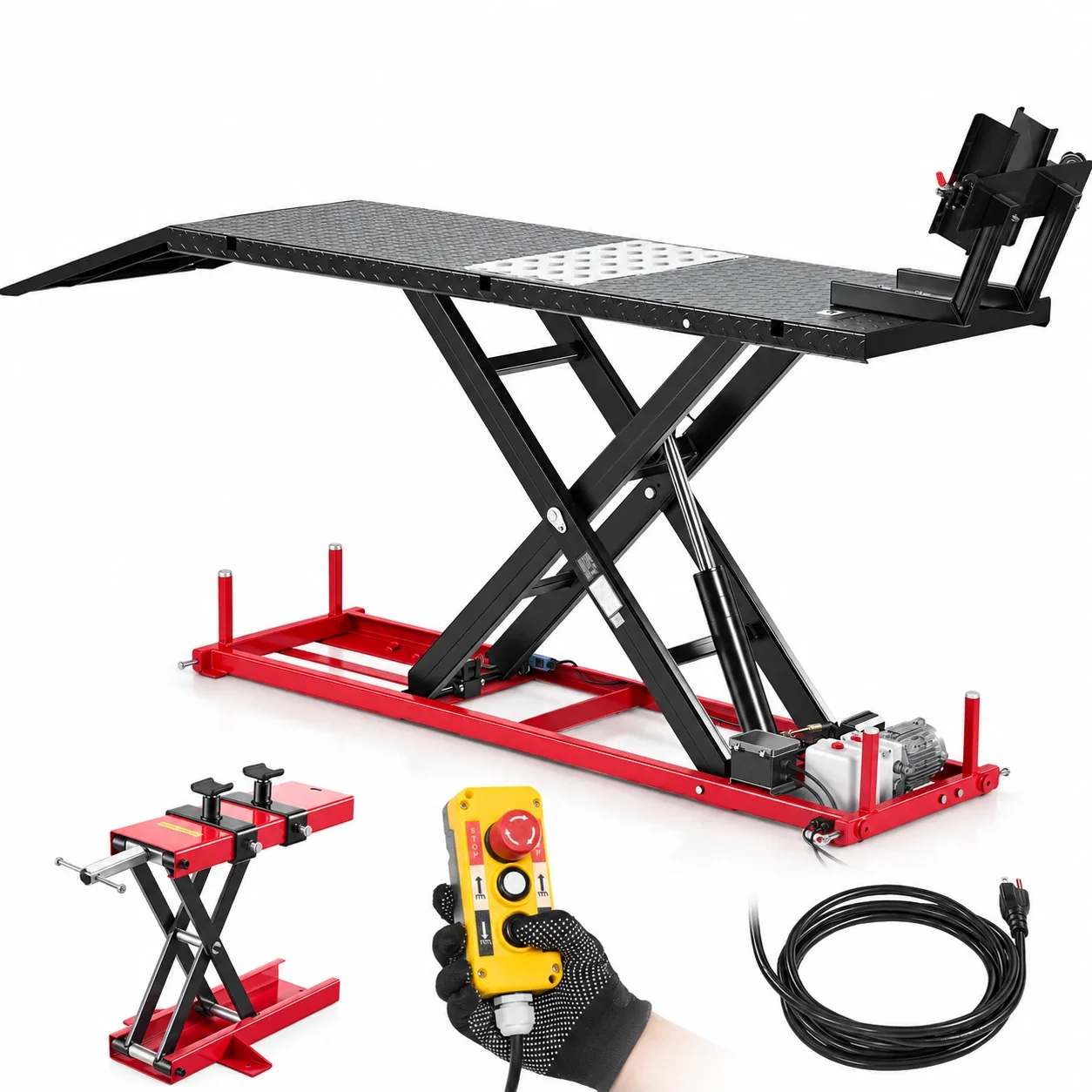 VEVOR 1500 lb Motorcycle Lift Table, Electric Hydraulic Pump, Adjustable Wheel Chock, 9.05-41.73 Inch Lift, 78.3x26.3 In