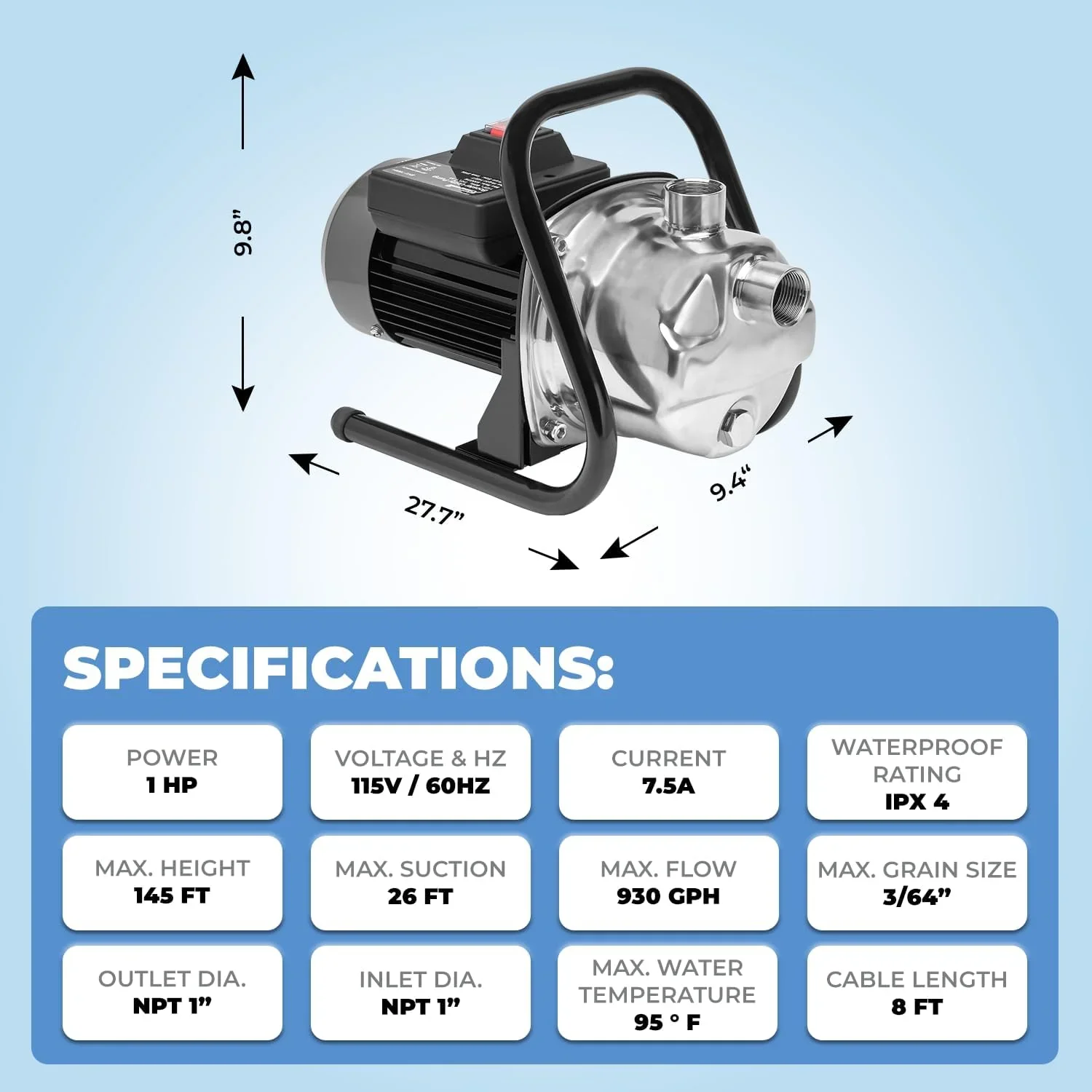 XtremepowerUS 1.6HP Portable Shallow Well Pump, 1268 GPH 120V With Controller, Stainless Steel, For Sprinkler, Irrigation, Garden, Lawn Water Transfer