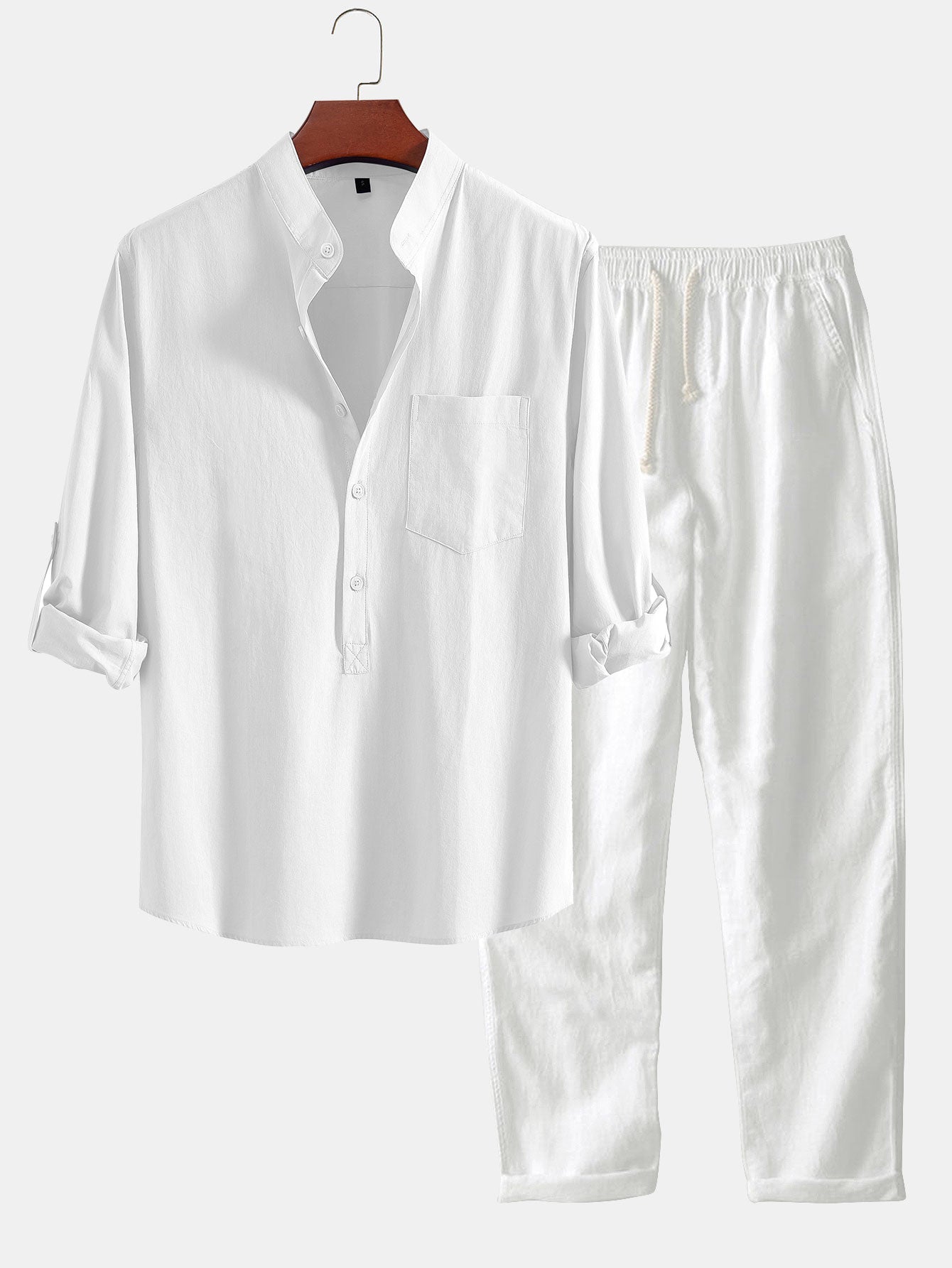 Chemise à manches longues aspect lin, col Henley et pantalon droit en lin