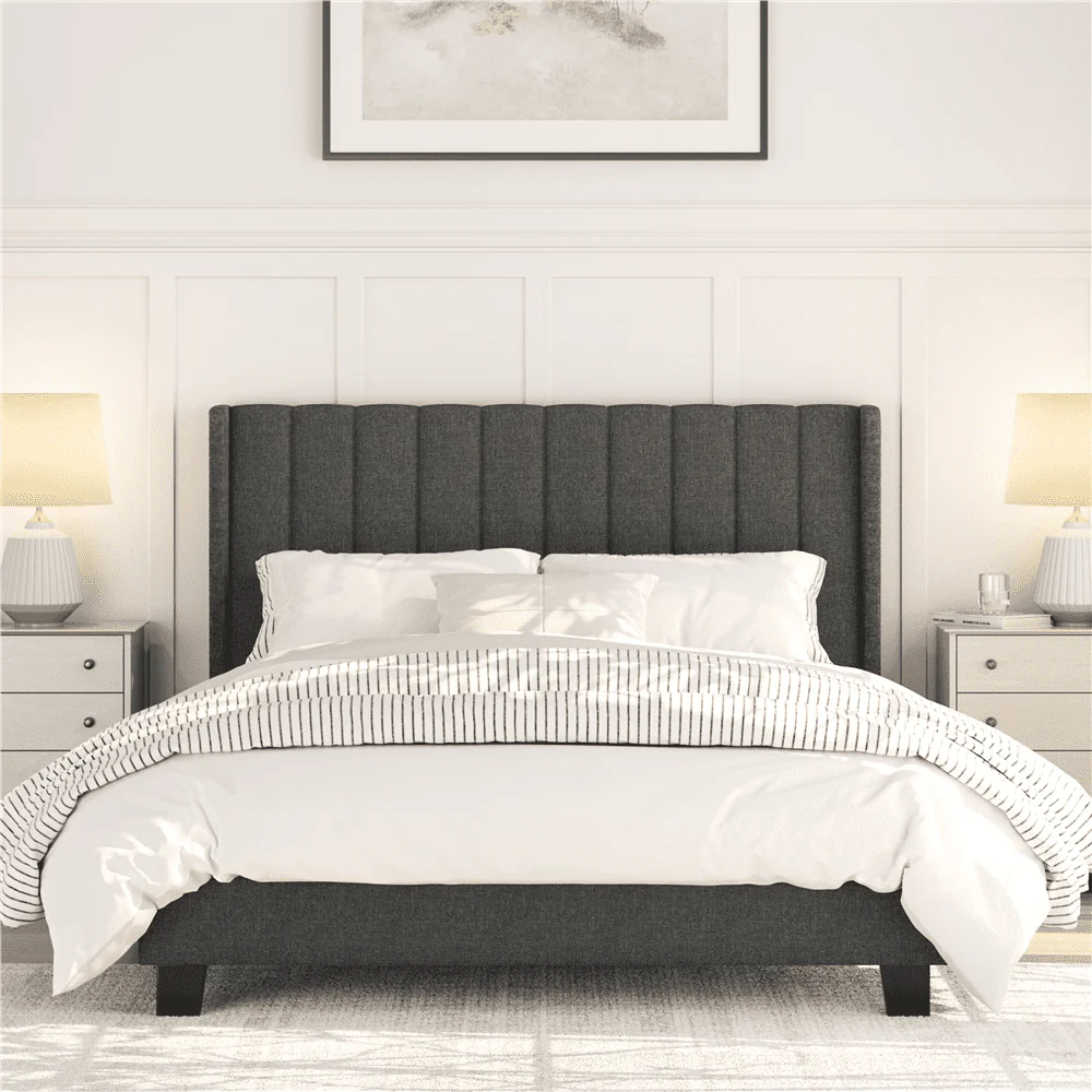 Yaheetech Upholstered Wingback Bed with Support and Mattress Foundation, Queen, Dark Gray(Full/with headboard)
