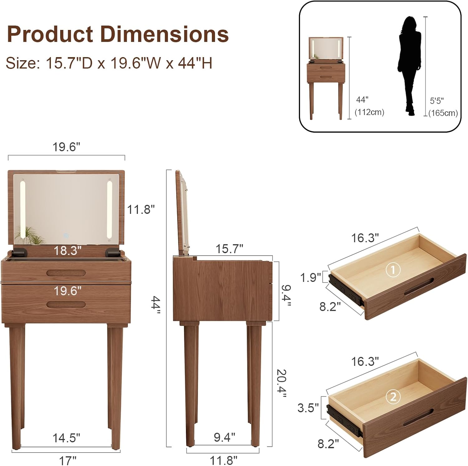 Vanity Desk and Stool Bundle 19.6in Walnut