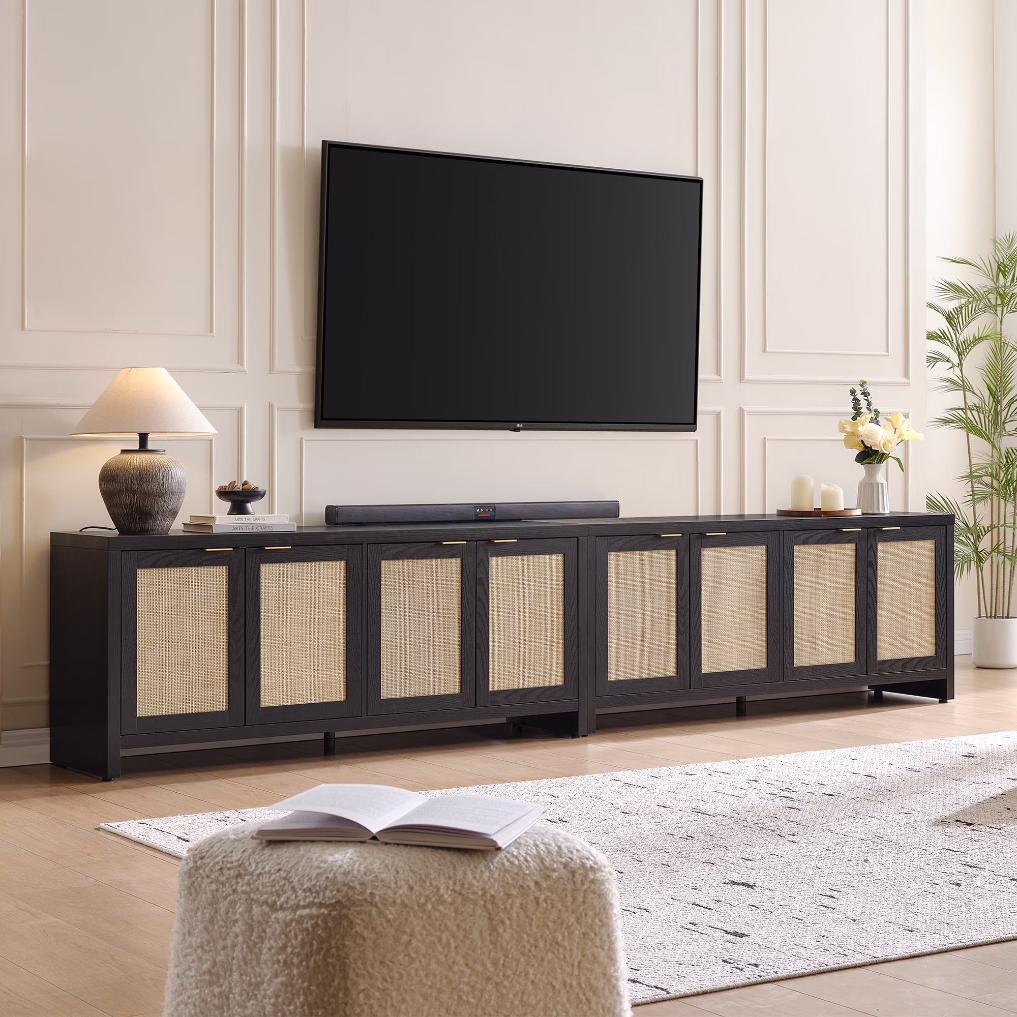 61 5"W Rattan TV Stand with 4 Doors, Boho Entertainment Center with Adjustable Shelves Spacious Countertop �C Large Boho Farmhouse Media Console for Living Room, Reclaimed Caramel Oak(Natural Oak/Single) Image 3