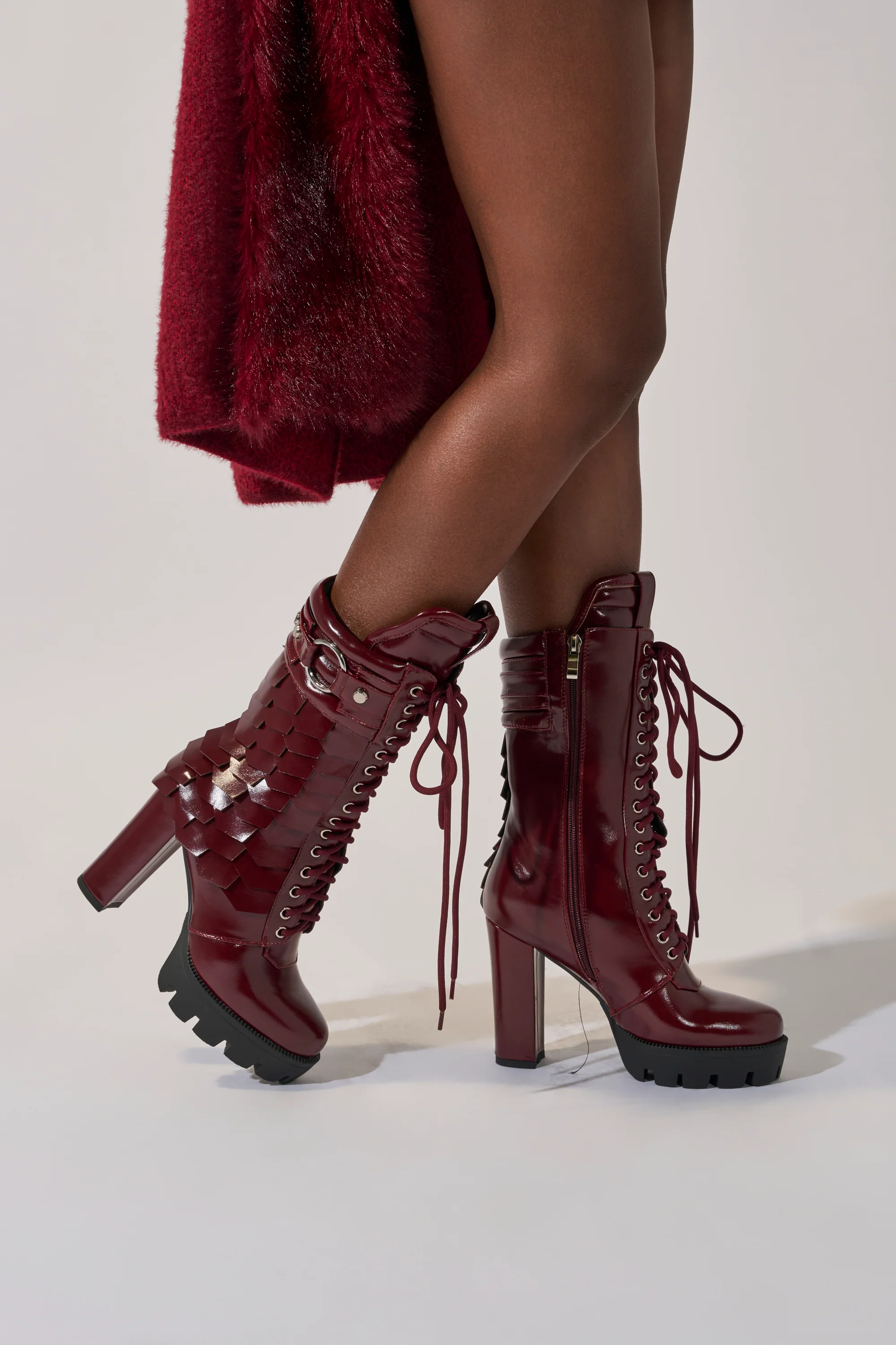 AZALEA WANG GERNOT BURGUNDY LACE UP SCALED PLATFORM BOOTIE - Akira Store