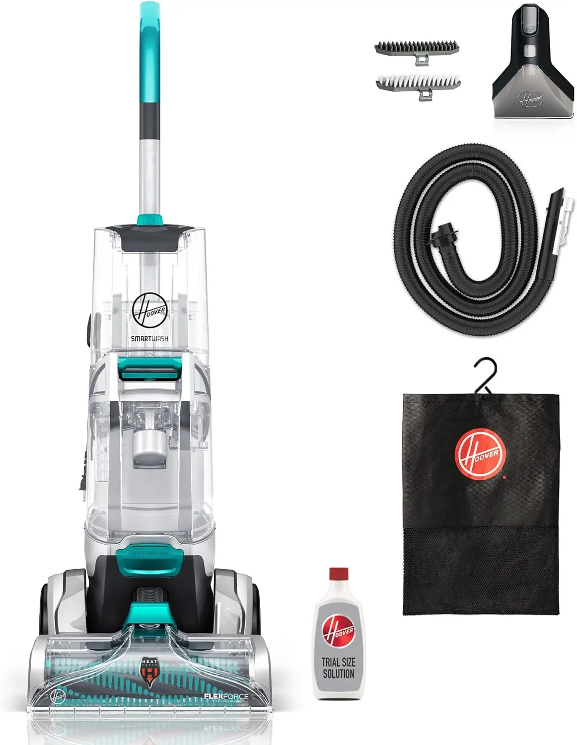 Nettoyeur de tapis automatique Hoover SmartWash+, pour tapis et tissus d'ameublement, shampouineuse de nettoyage en profondeur, désodorisant et détachant pour animaux domestiques FH52000, Turquoise