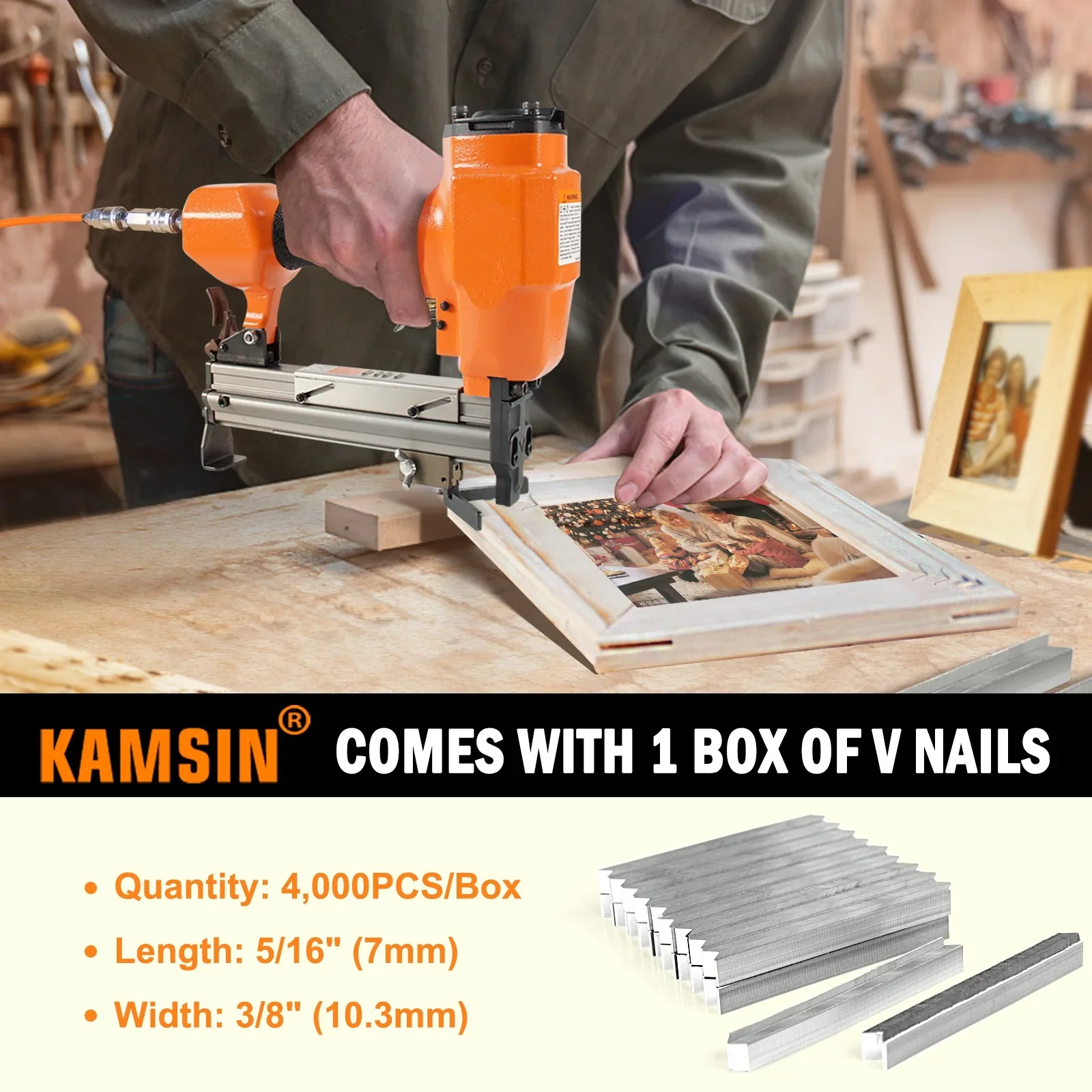 KAMSIN V1015 30 Gauge Pneumatic Framing Nail Gun, Picture Frame V Nailer 5/16'' to 19/32'', 1 Piece