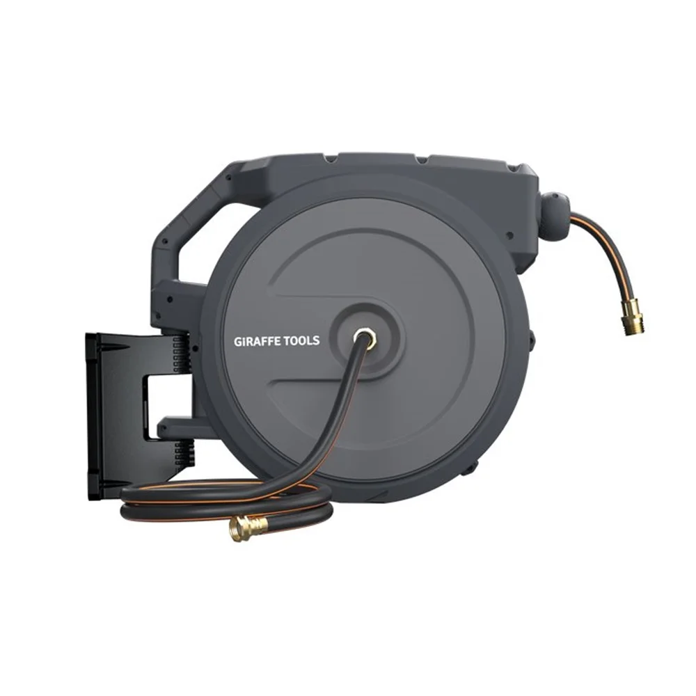 Giraffe Tools Retractable Garden Hose Reel with 1/2in-100ft Water Hose, Plastic Bracket, Wall Mounted, Dark Grey