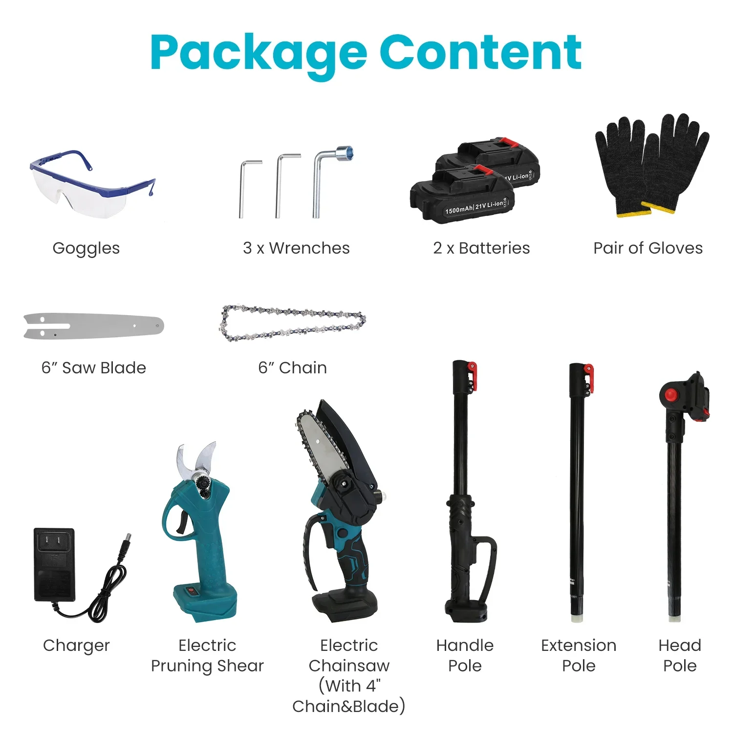 4-in-1 Pole Saw & Electric Pruning Shears for Tree Trimming 4/6 Inch Electric Chainsaw 2x3000mAh Battery 5.5ft Max Extension Pole SK5 Blade Pruning Shears for Gardening