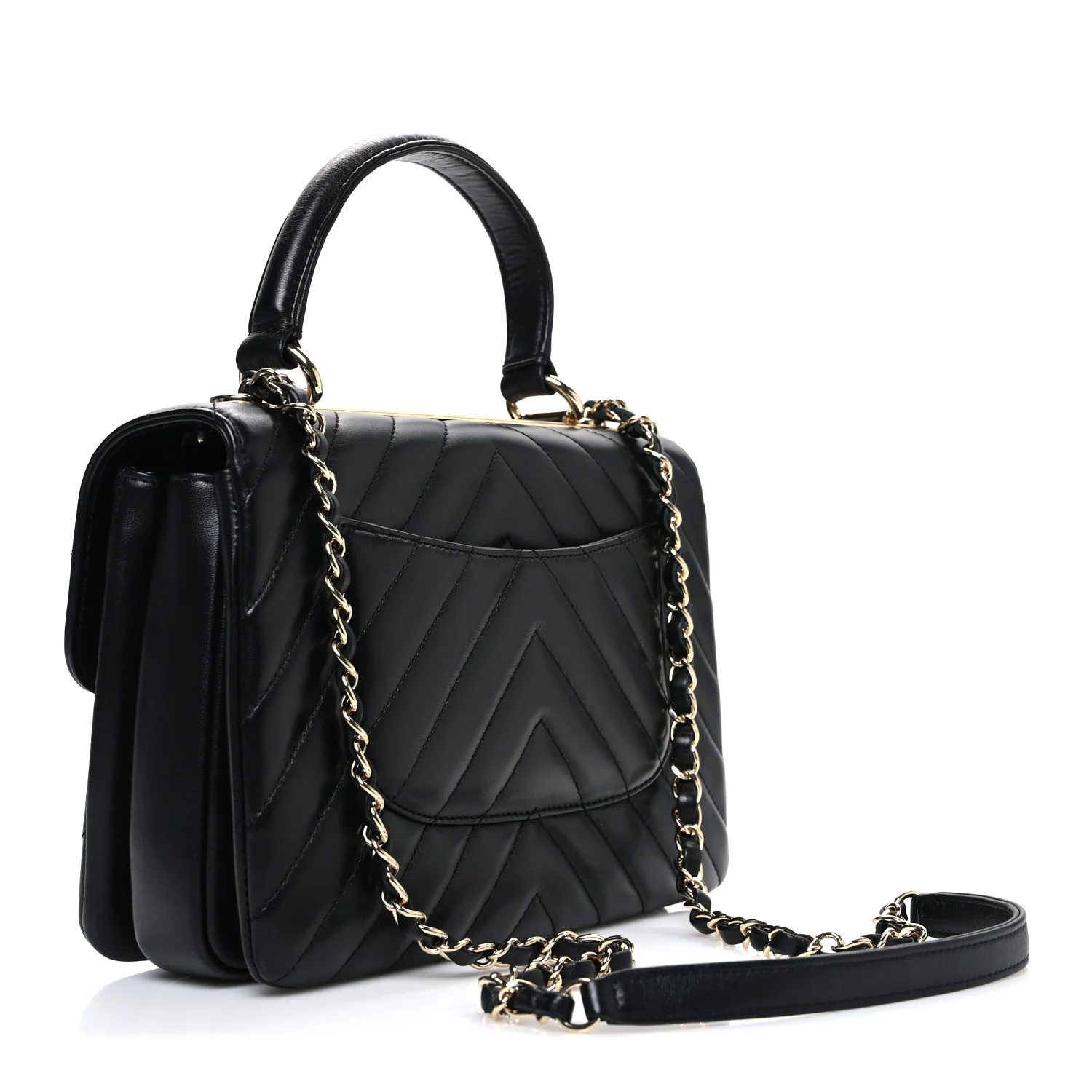 Lambskin Chevron Quilted Small Trendy CC Flap Dual Handle Bag Black