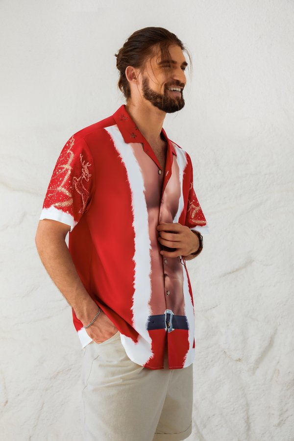 Chemise hawaïenne décontractée et respirante à manches courtes pour homme, imprimée avec le nouveau motif du Père Noël