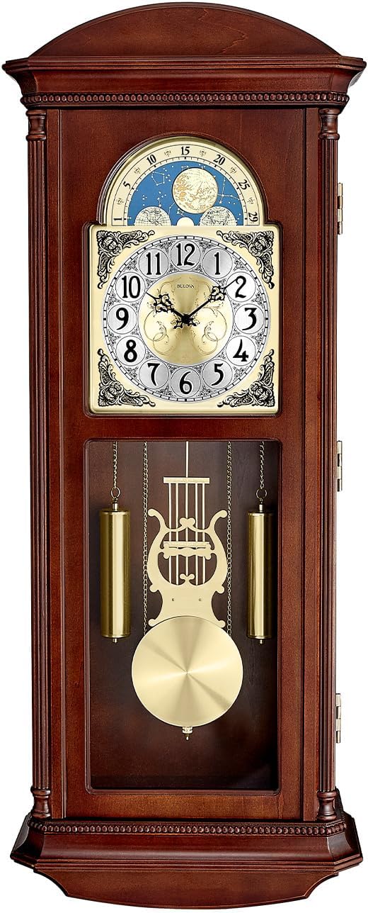 Bulova Litchfield Large Regulator Wall Clock, Model C4332| Classic Pendulum Design| Harmonic Hourly Chime| Brown Cherry Finish