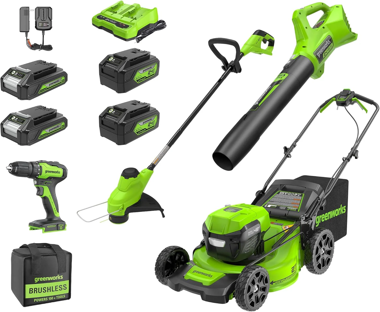Tondeuse autotractée sans balais Greenworks 48 V (24 V x 2) 53 cm + coupe-bordures 30 cm + souffleur 320 CFM