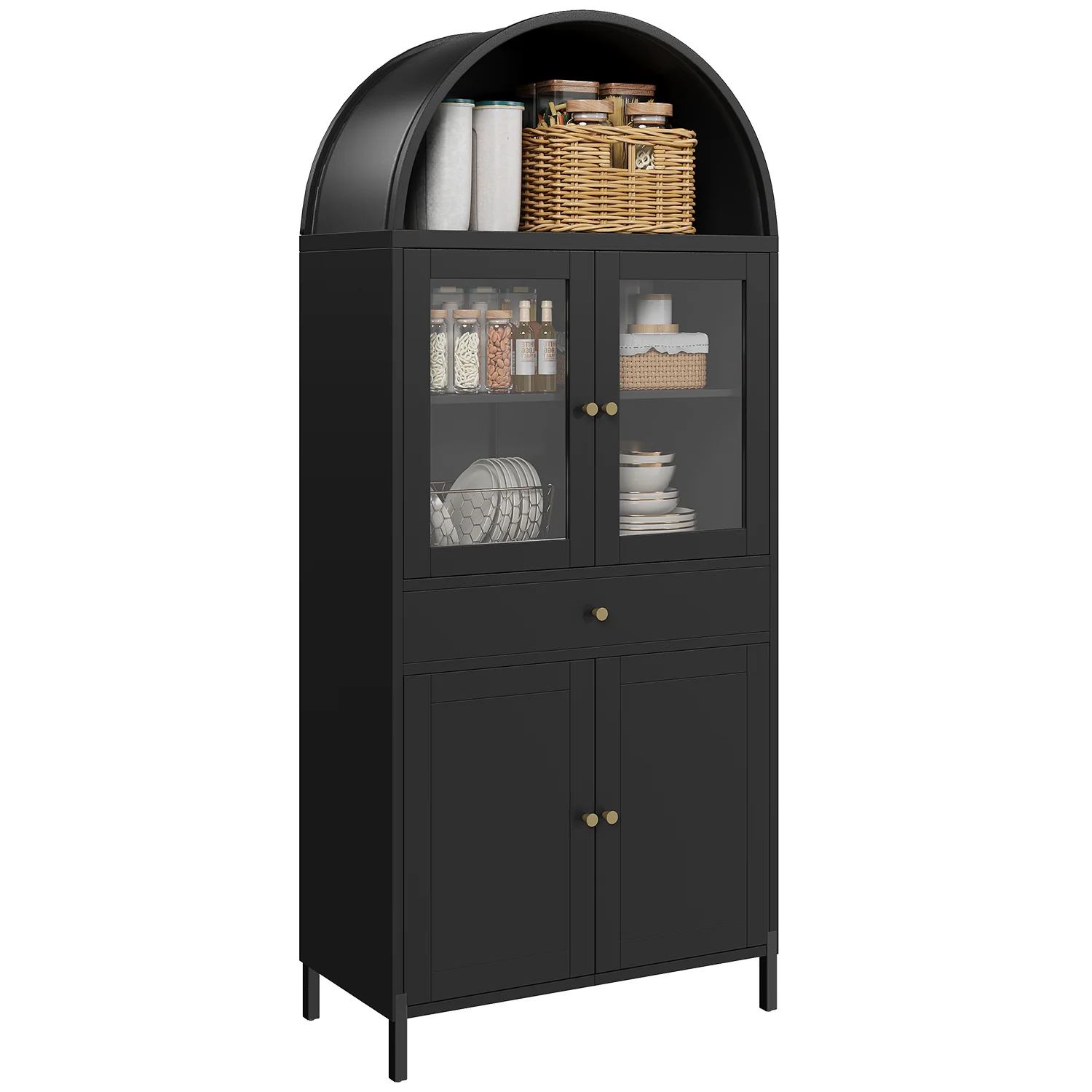 AECOJOY 73'' Kitchen Pantry, Metal Arched Storage Cabinet with Glass Doors/Adjustable Shelfs/Drawer