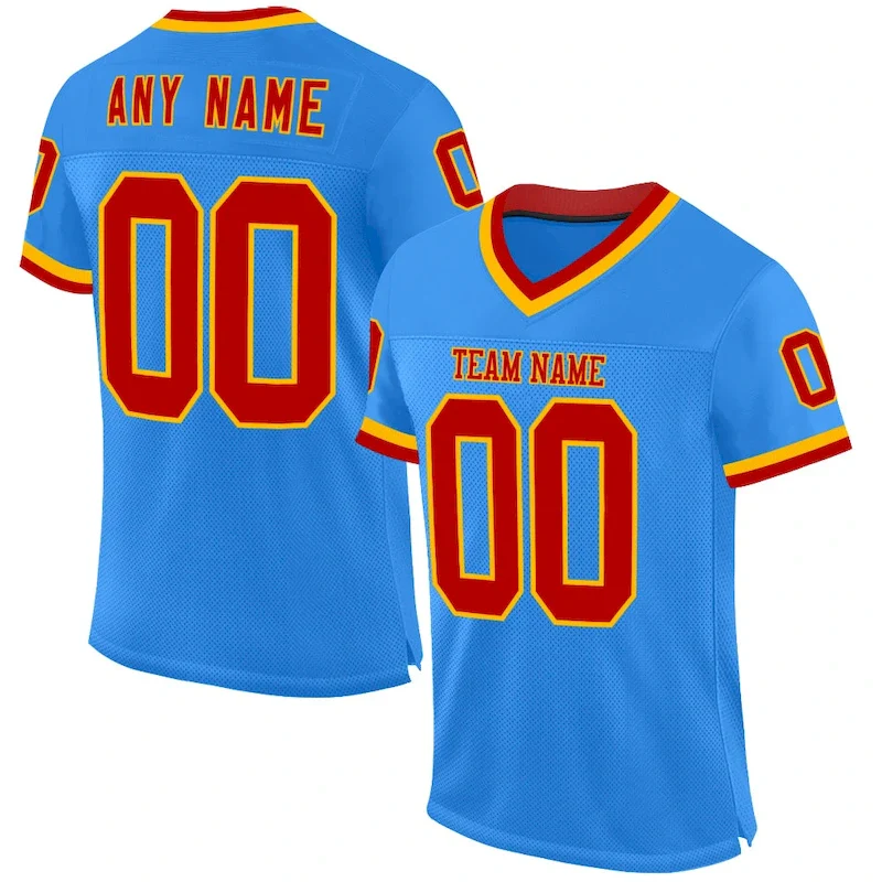 Custom Powder Blue Red-Gold Mesh Authentic Throwback rugby jersey