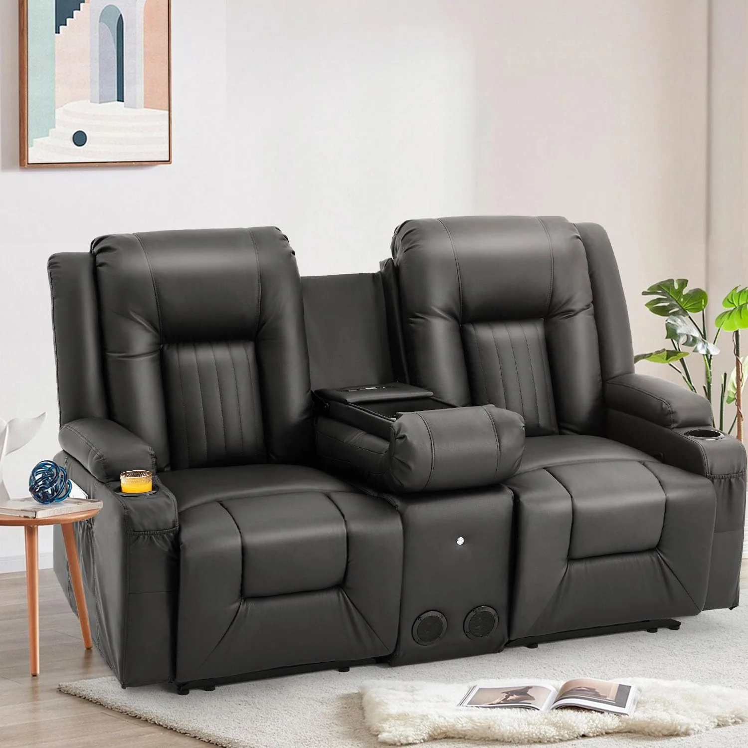 AECOJOY Recliner Loveseat with Console&Bluetooth Speakers, Manual RV Reclining Sofa, Black