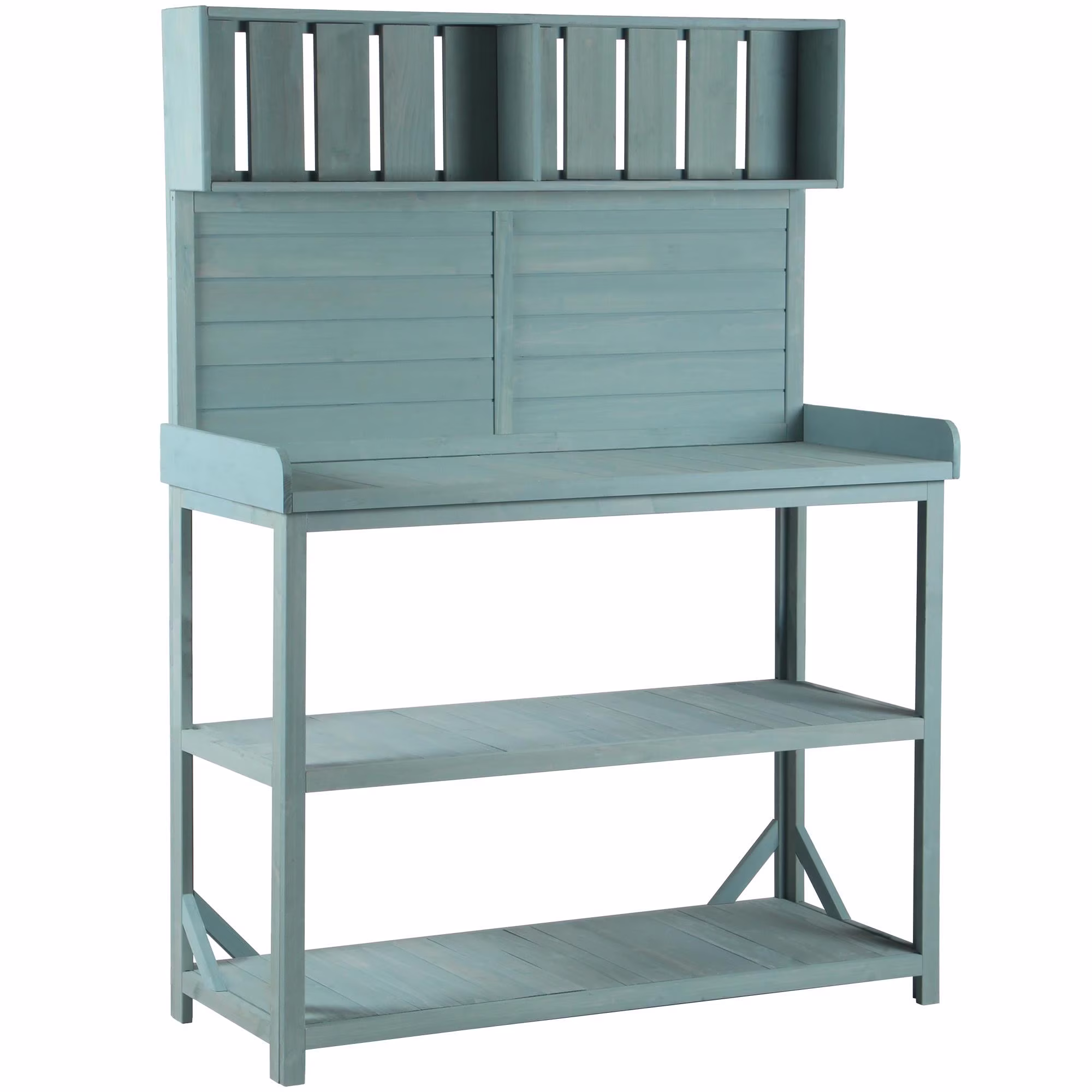 65 Large Wooden Farmhouse Rustic Outdoor Potting Bench Table, Patio Workstation, Garden Potting Bench with 4 Storage Shelves and Side Hook,Green