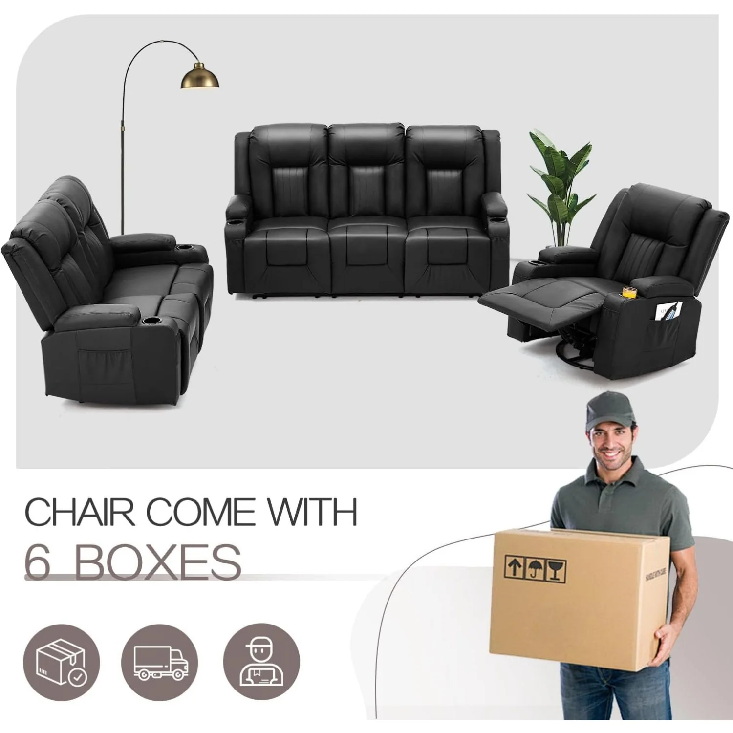 AECOJOY 3 Pieces Leather Recliner Sofa Set with Swivel Massage Chair, Black